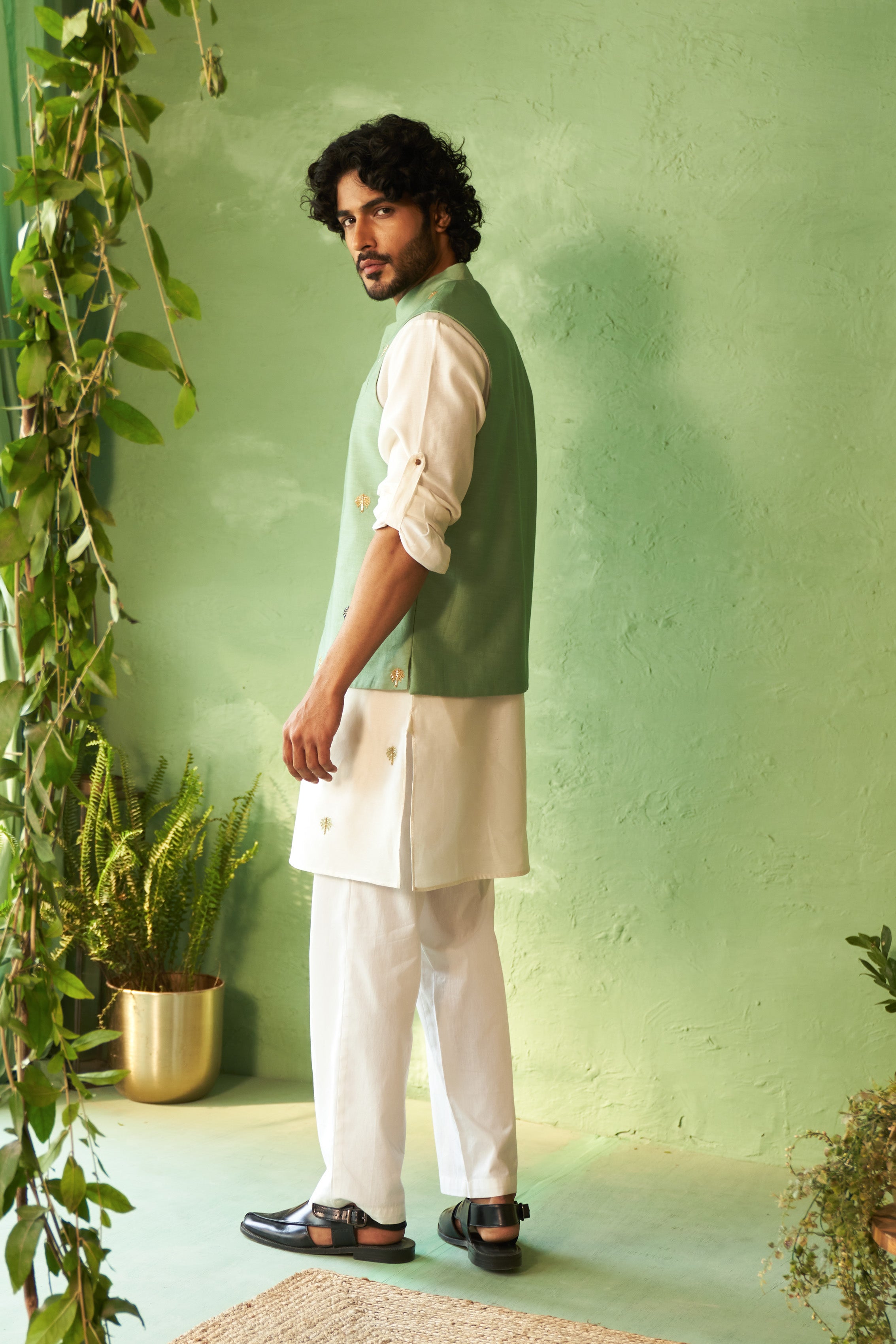 Embroidered Palm Tree Kurta Set with Nehru Jacket