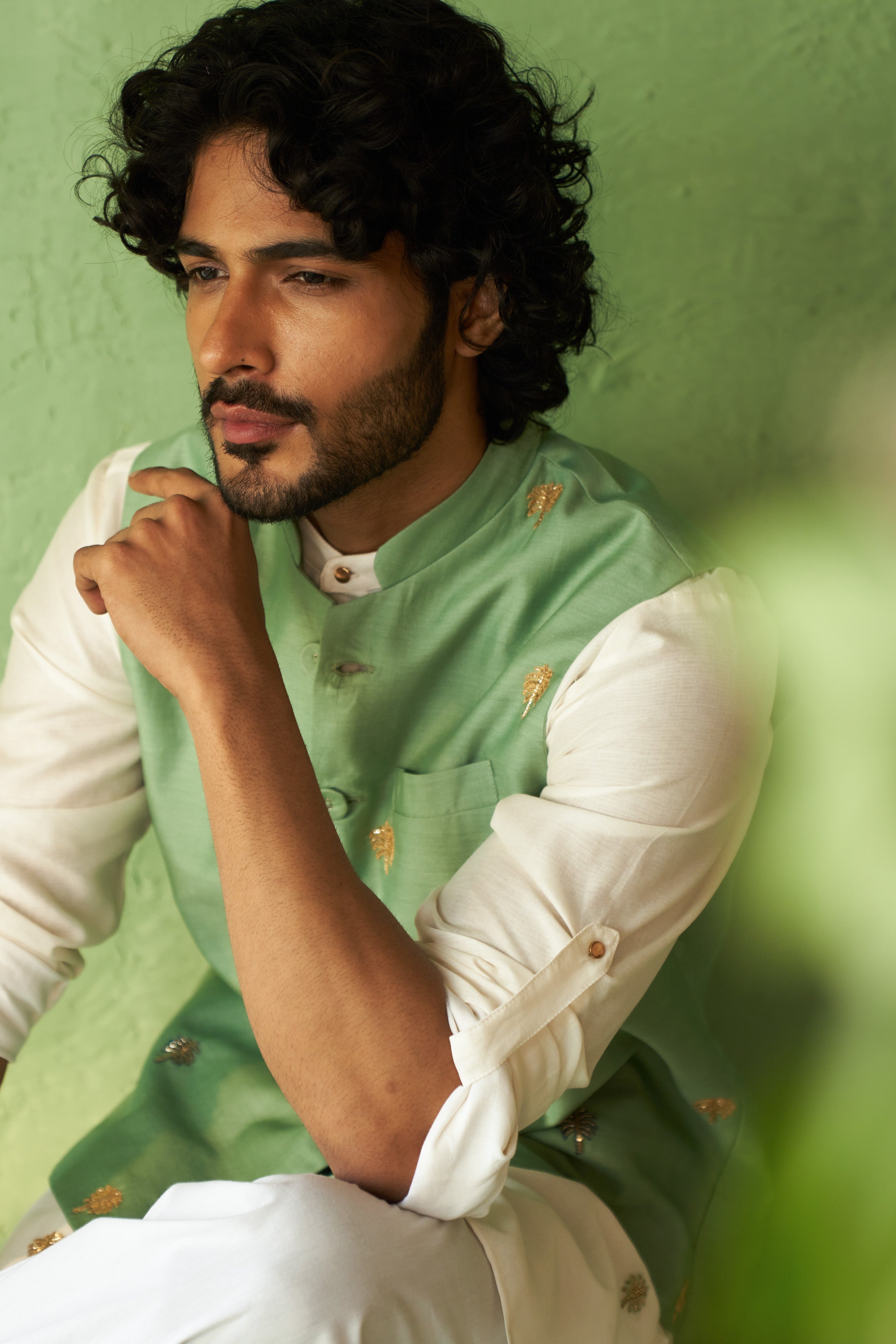 Embroidered Palm Tree Kurta Set with Nehru Jacket