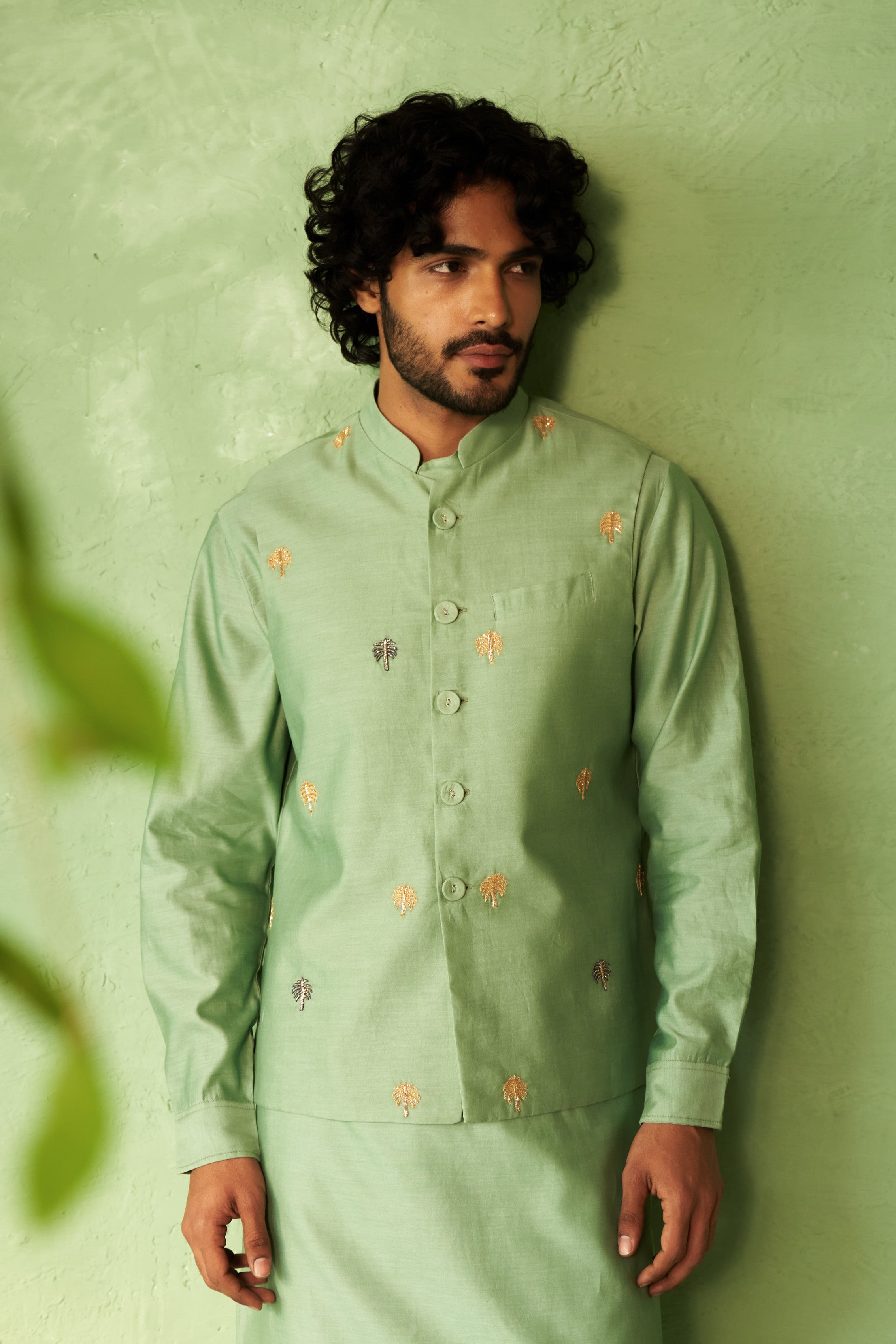 Tea Green Palm Tree Embroidered Kurta Set with Nehru Jacket