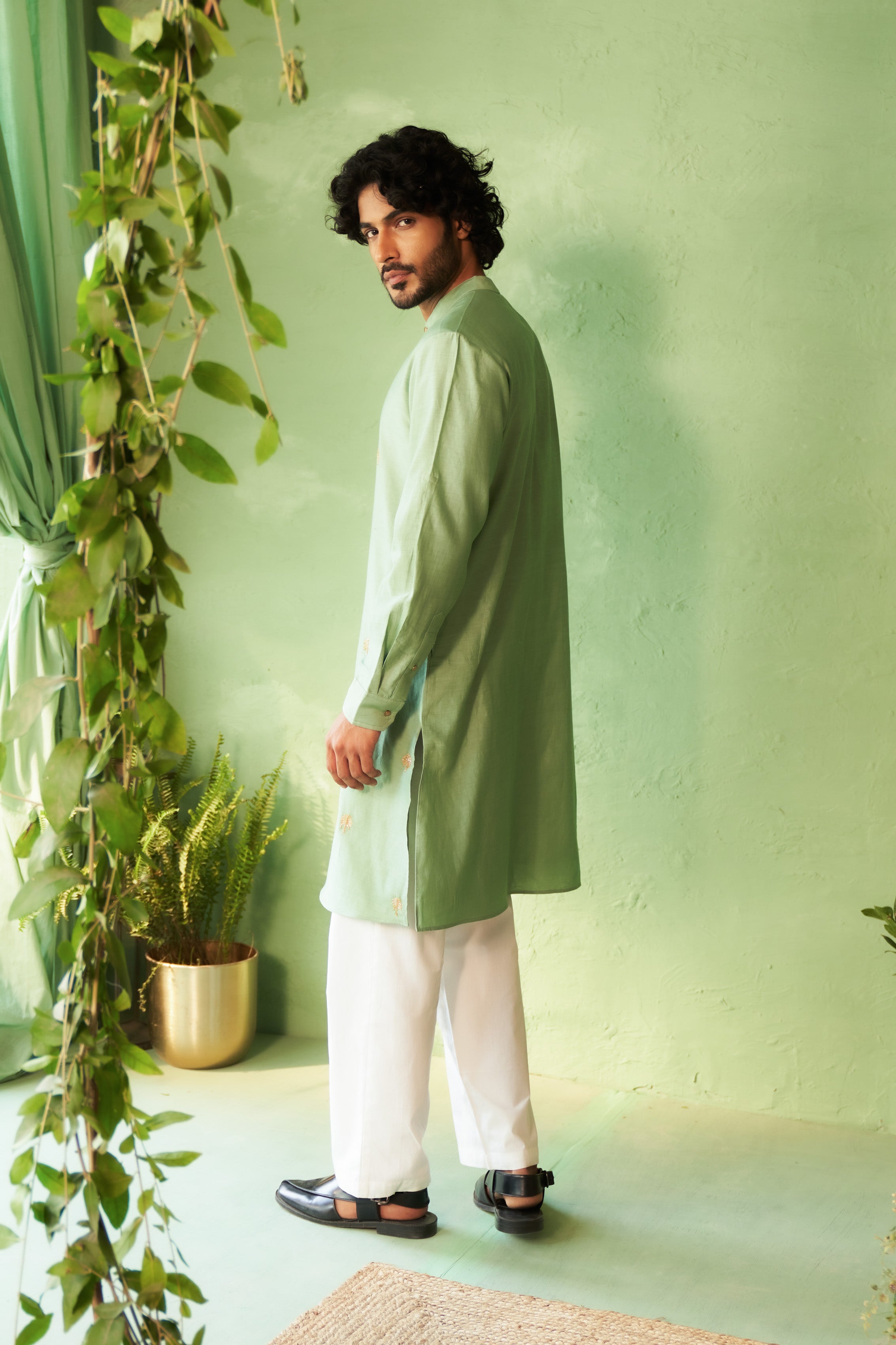 Tea Green Palm Tree Motif Kurta Set