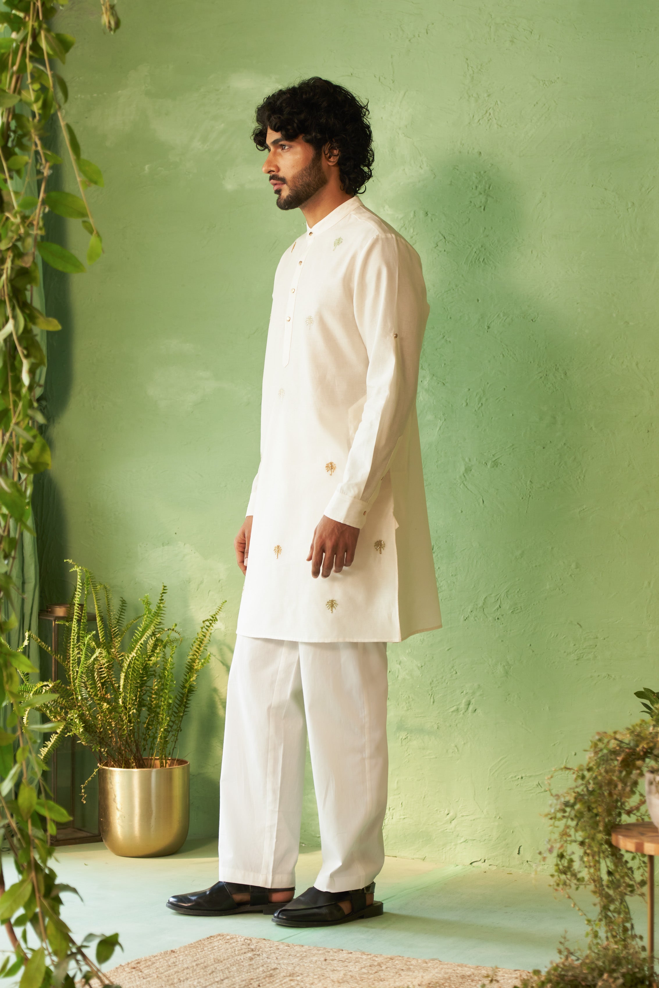 Embroidered Off-White Palm Tree Motif Kurta Set
