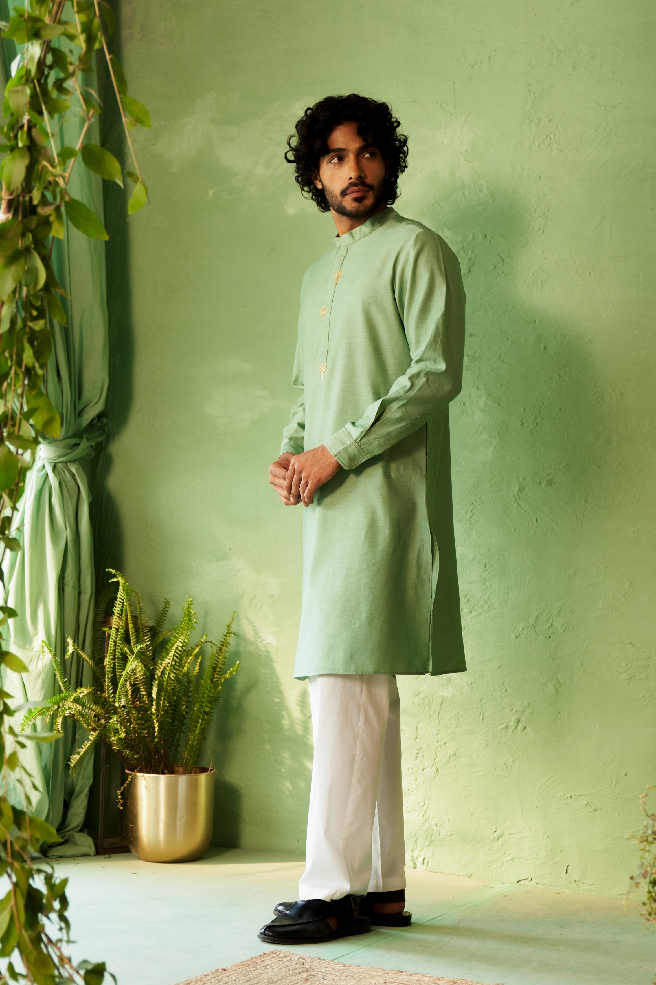 Tea Green Kurta Set with Palm Tree Motif Embroidery