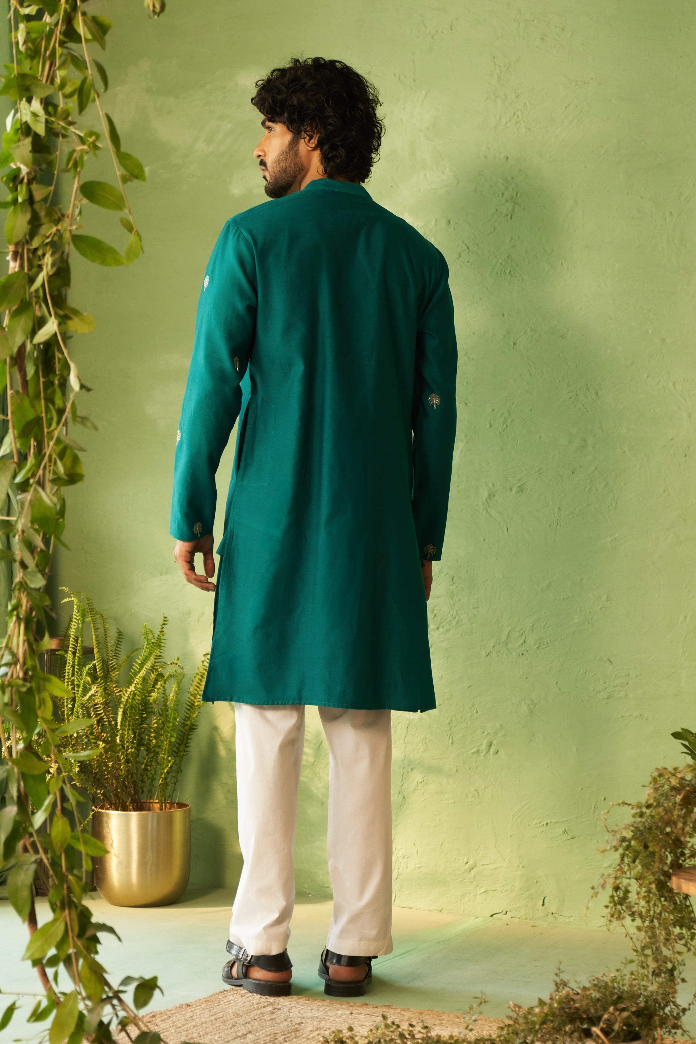 Palm Tree Embroidered Chanderi Kurta Set with Straight Pyjamas