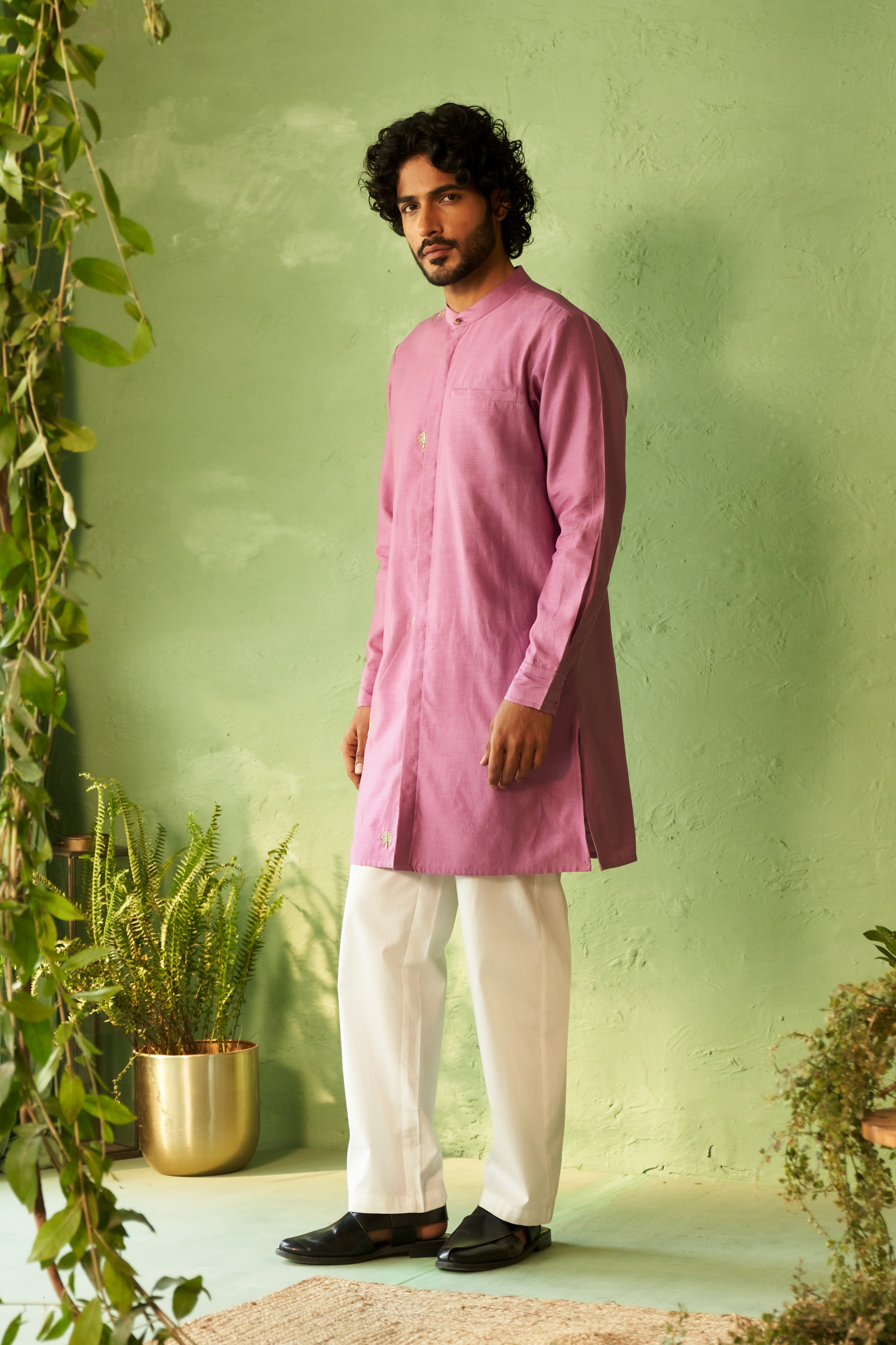 Embroidered Purple Chanderi Kurta Set with Straight Pyjamas