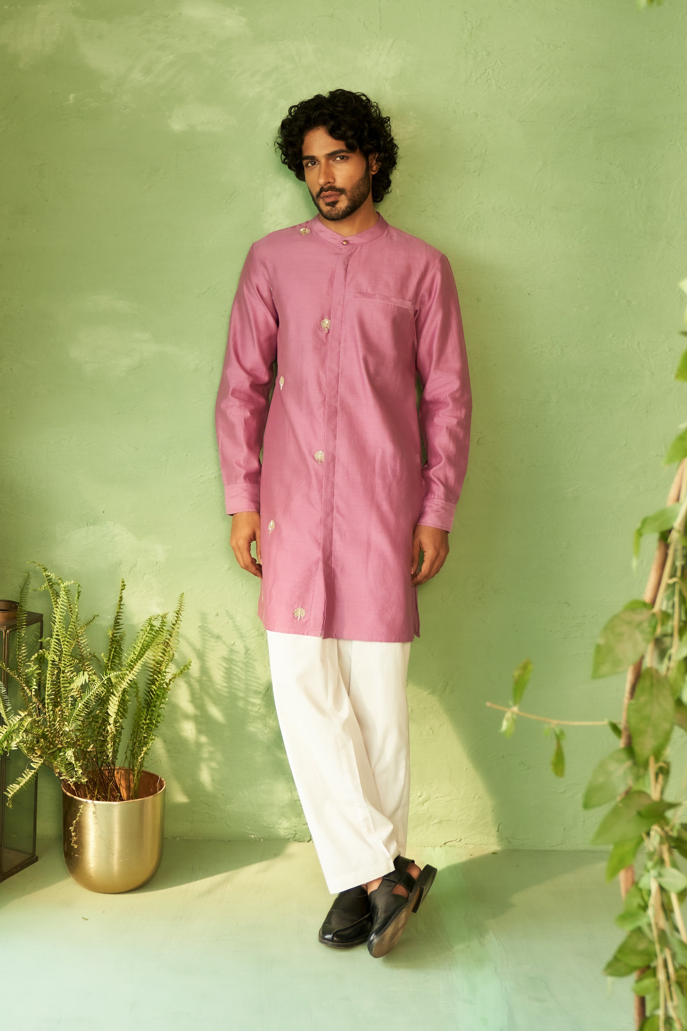 Embroidered Purple Chanderi Kurta Set with Straight Pyjamas