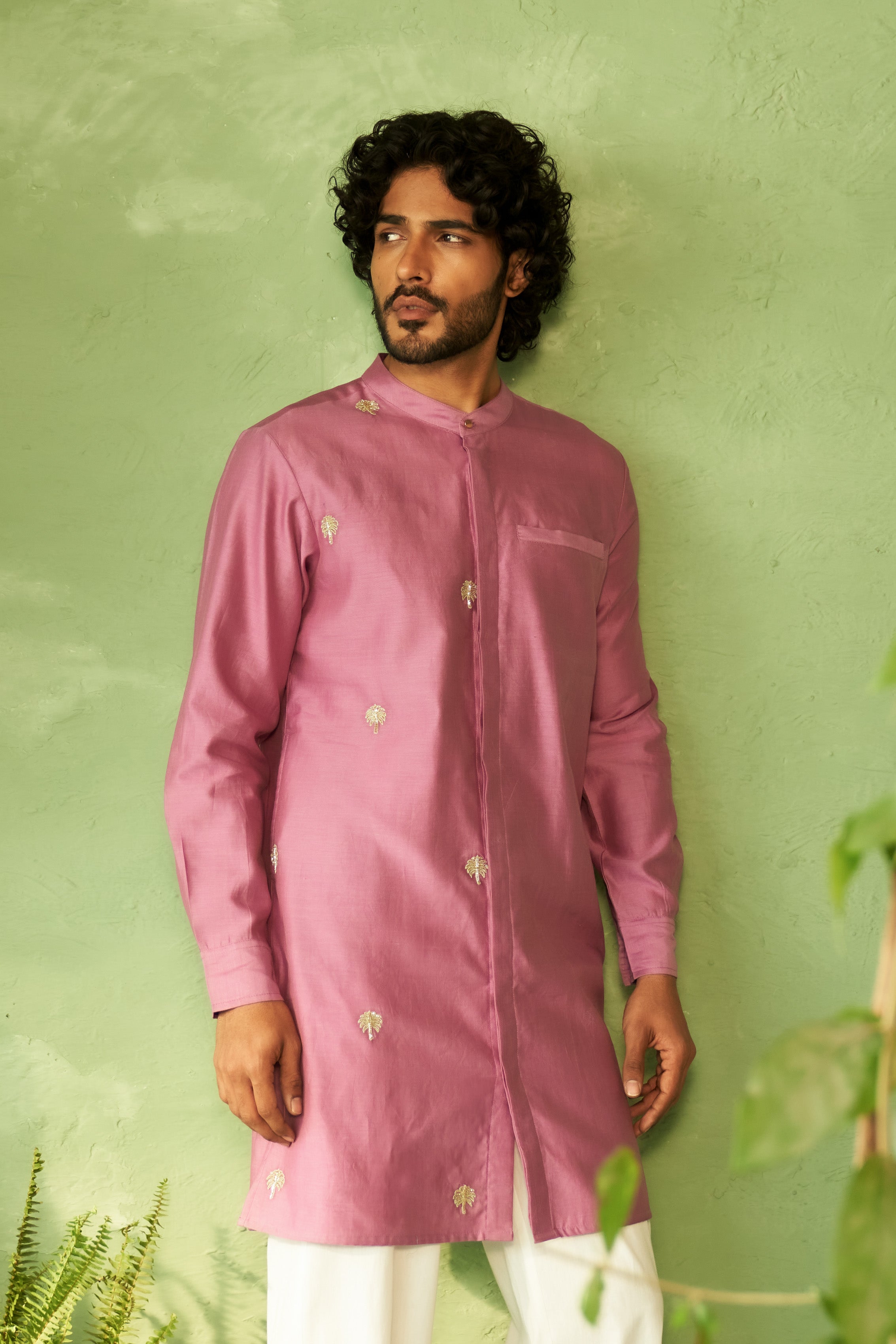 Embroidered Purple Chanderi Kurta Set with Straight Pyjamas