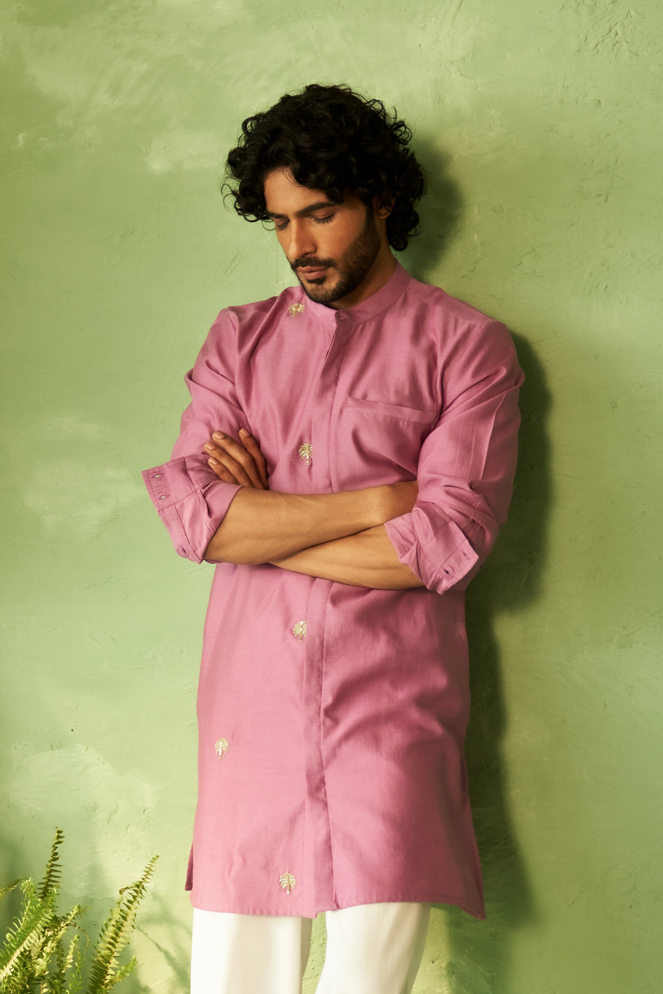 Embroidered Purple Chanderi Kurta Set with Straight Pyjamas