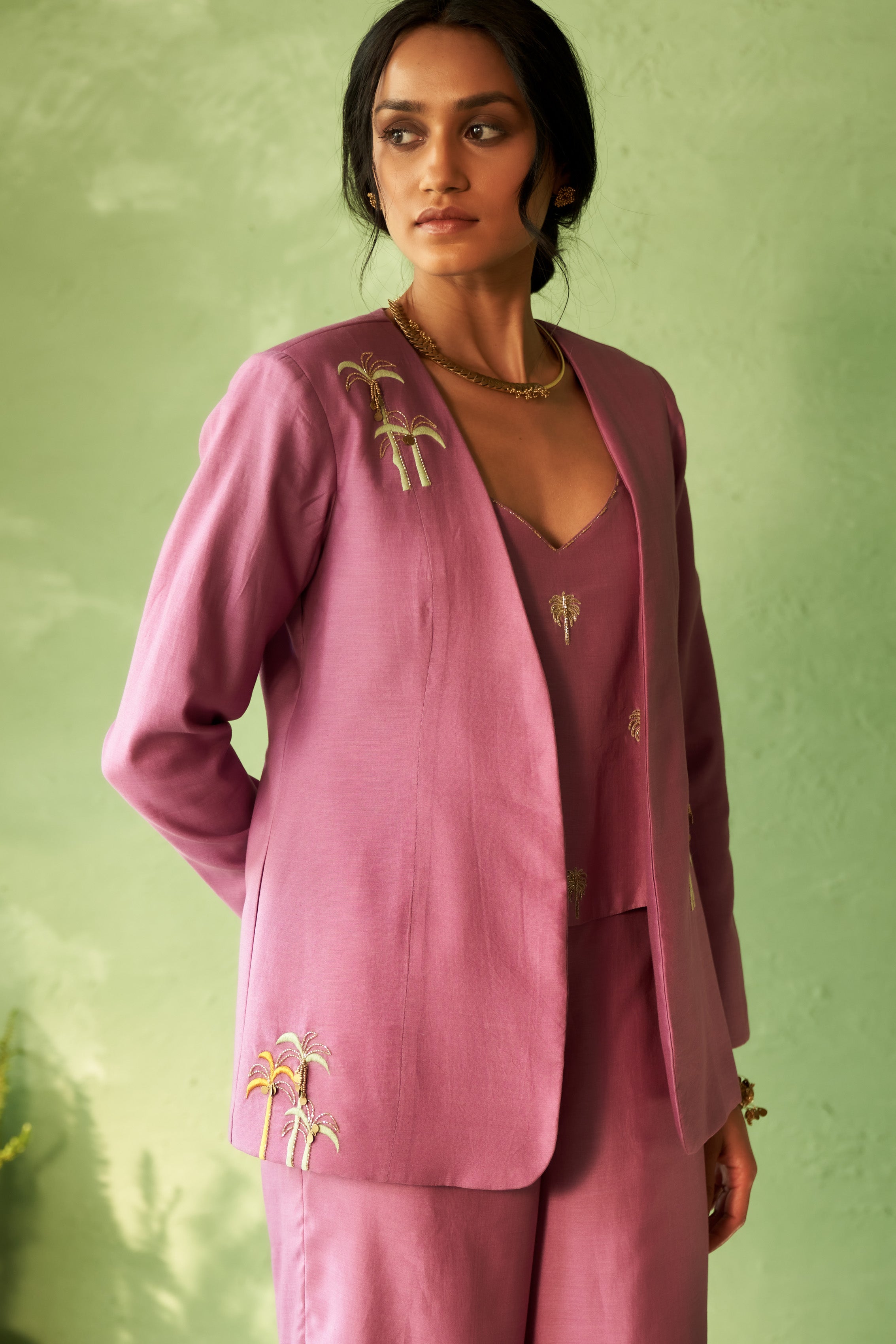 Purple Chanderi Embroidered Lounge Jacket Set