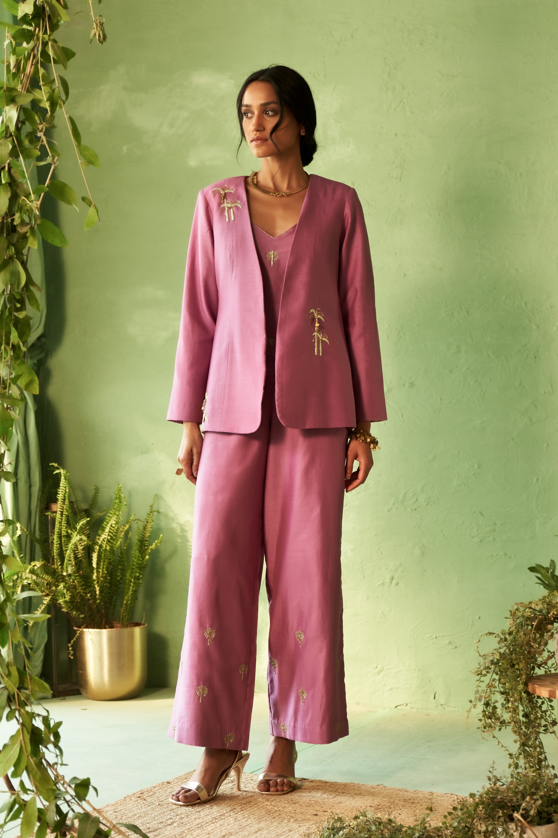 Purple Chanderi Embroidered Lounge Jacket Set