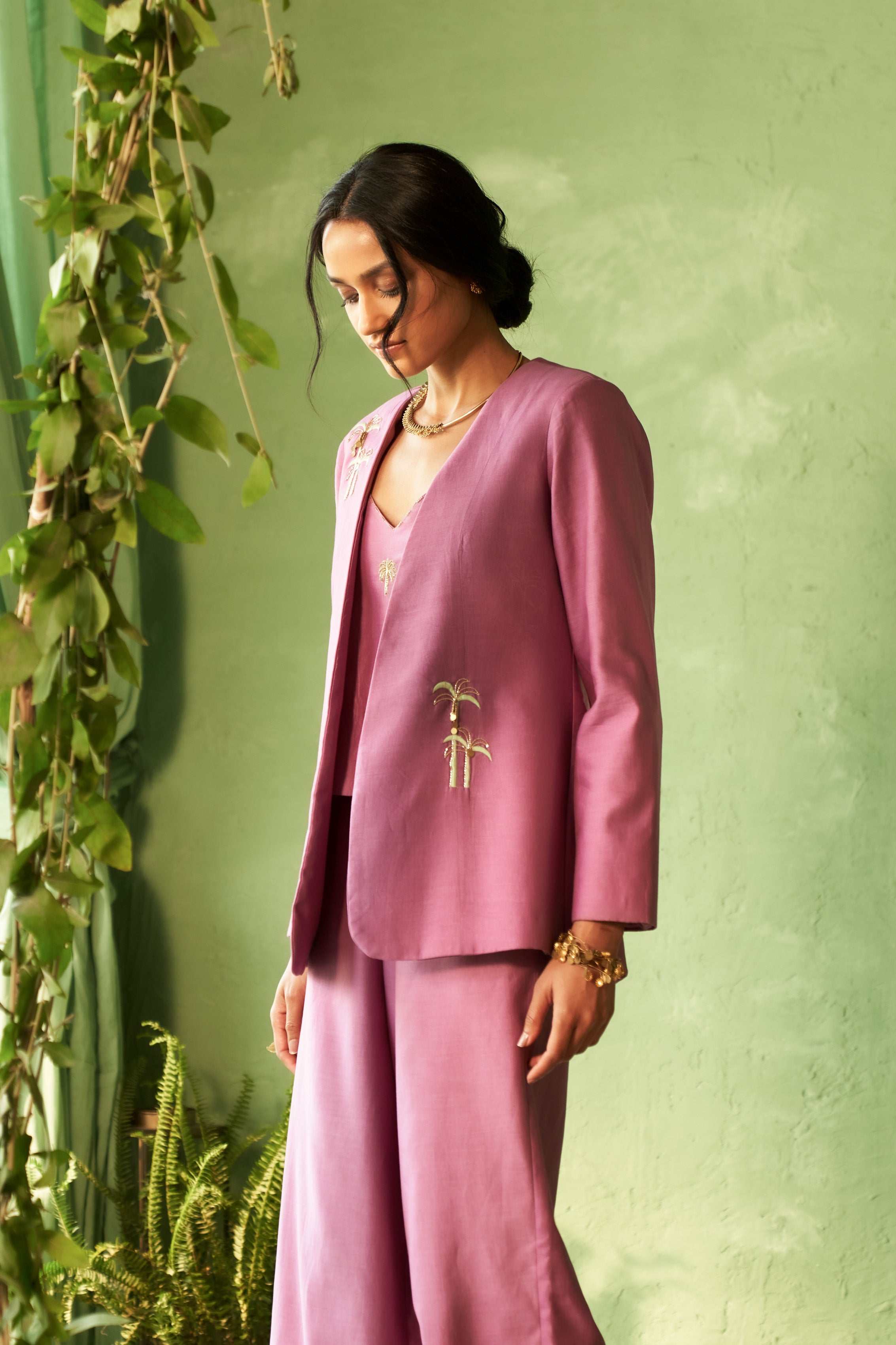 Purple Chanderi Embroidered Lounge Jacket Set