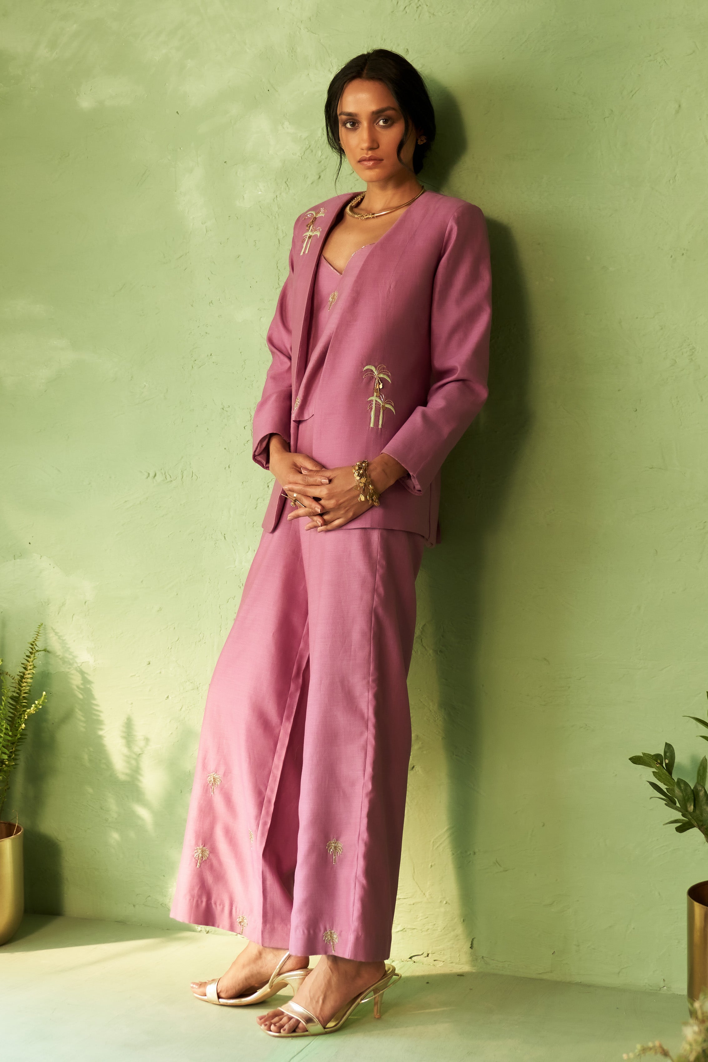 Purple Chanderi Embroidered Lounge Jacket Set