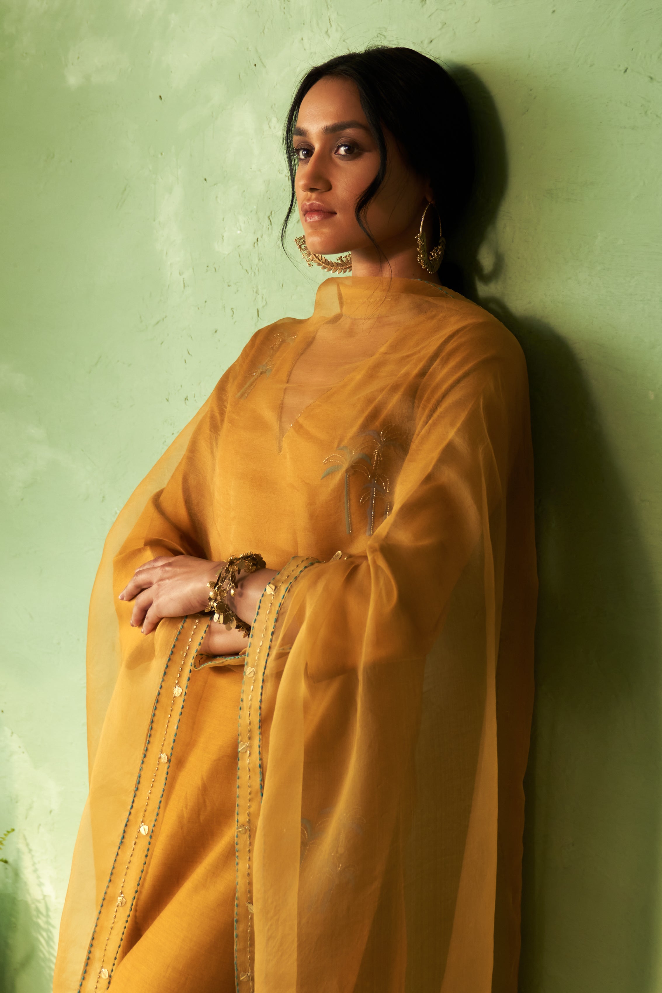 Palm Tree Motif Kurta Set with Organza Dupatta