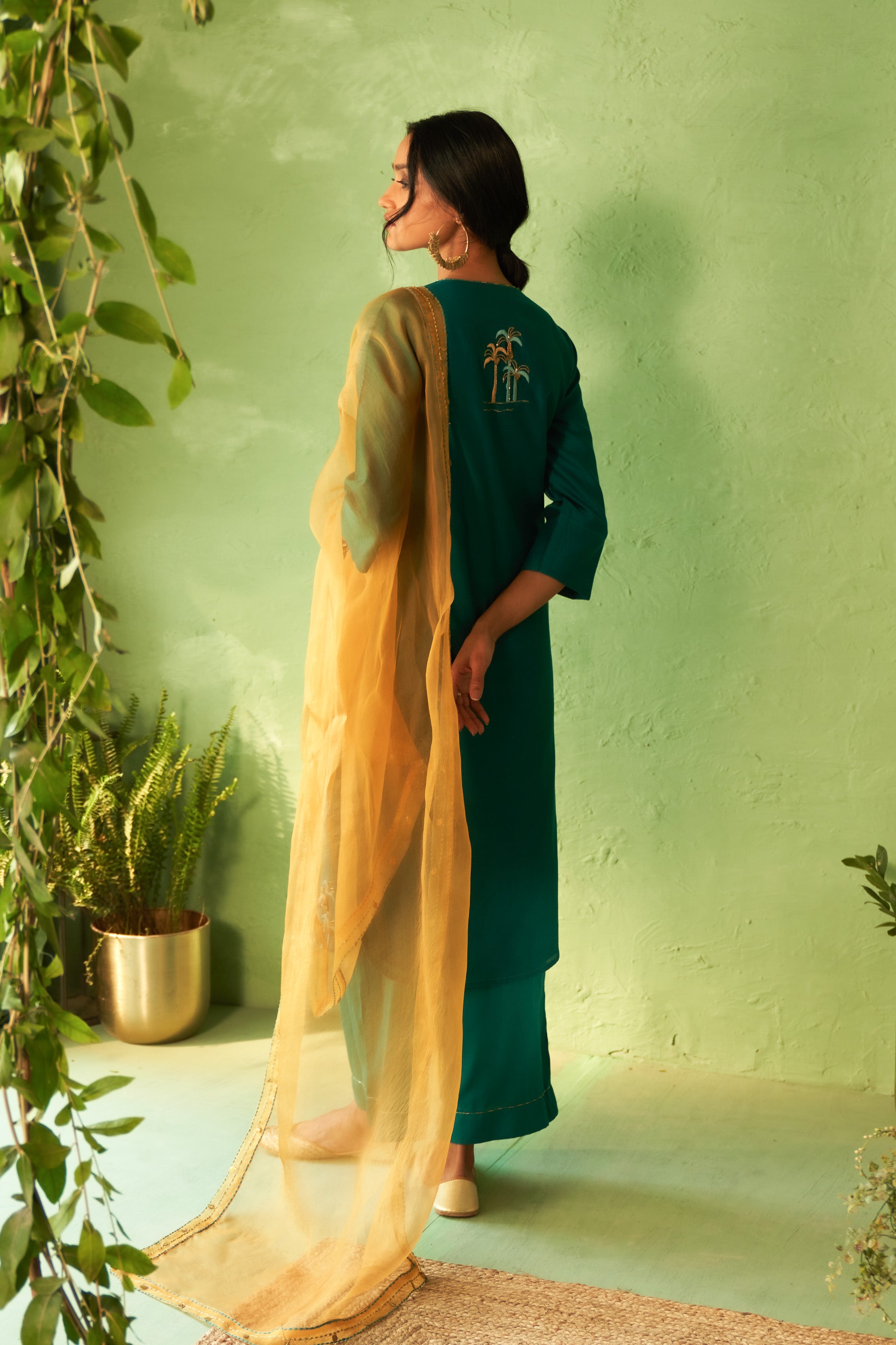 Palm Tree Motif Kurta Set with Organza Dupatta