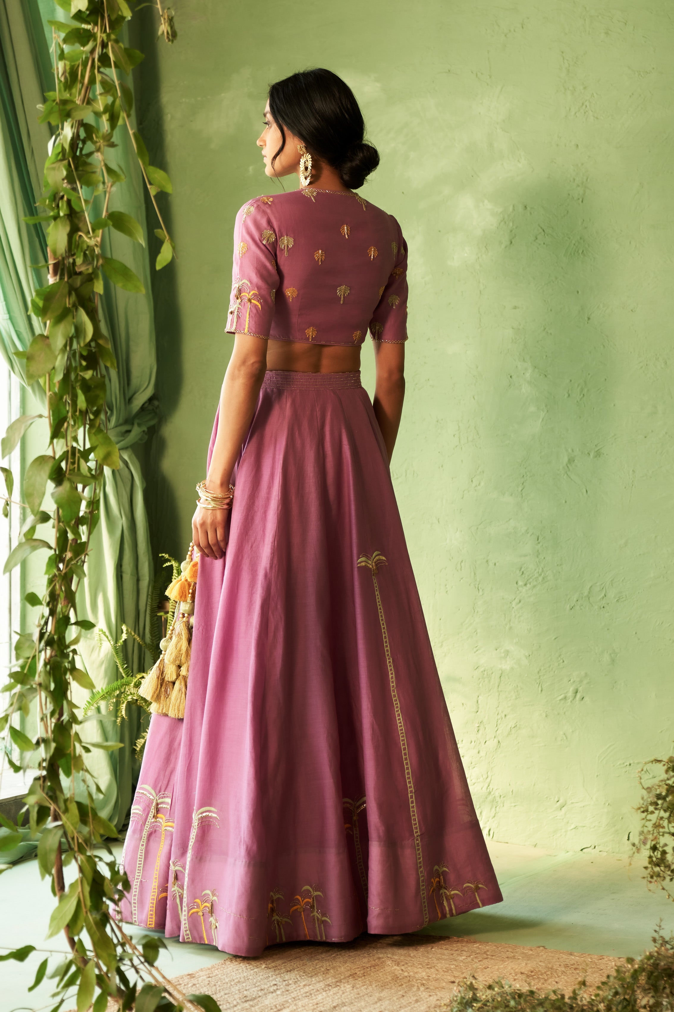 Purple Palm Tree Embroidered Lehenga Set with Cut Dana Work