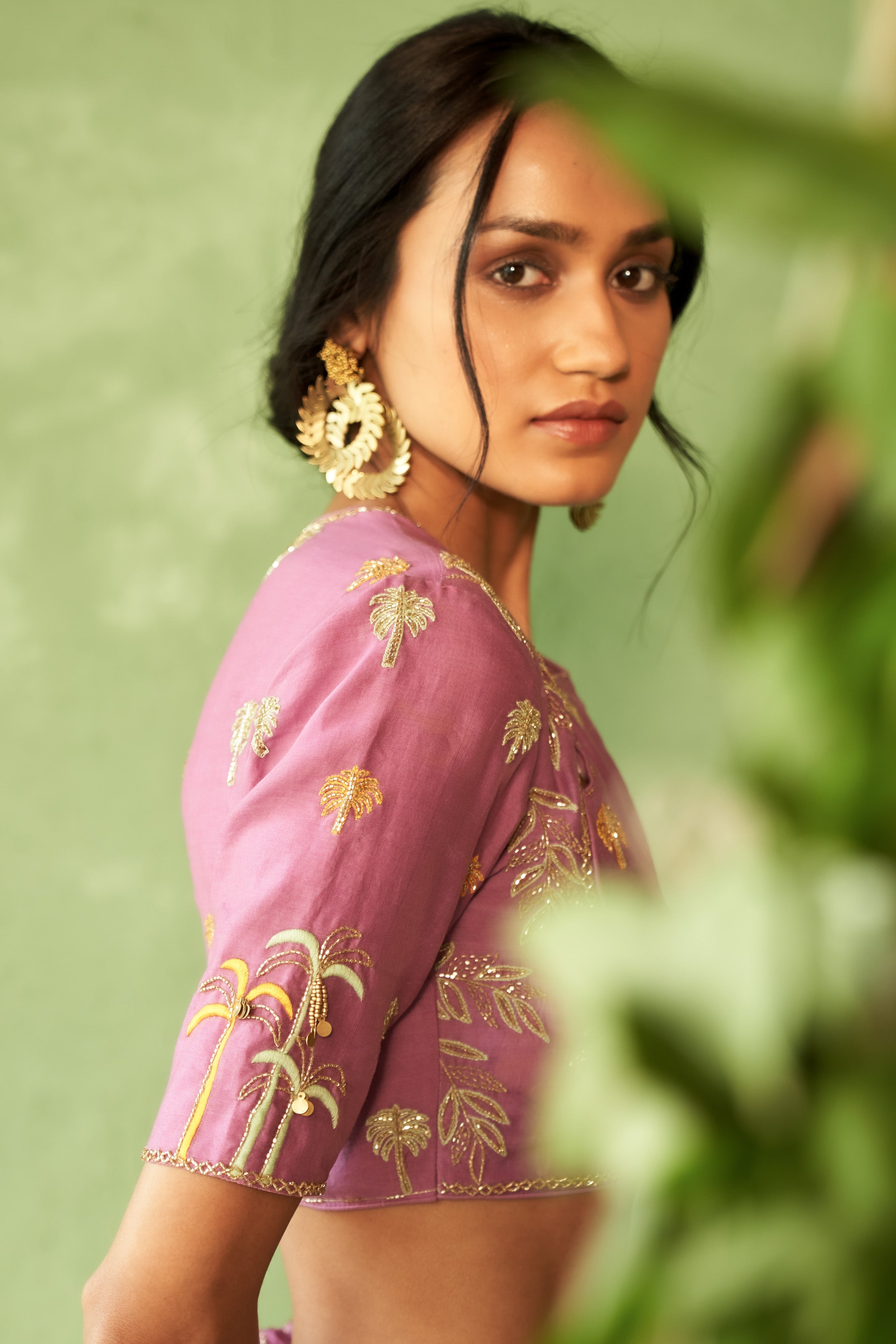 Purple Palm Tree Embroidered Lehenga Set with Cut Dana Work