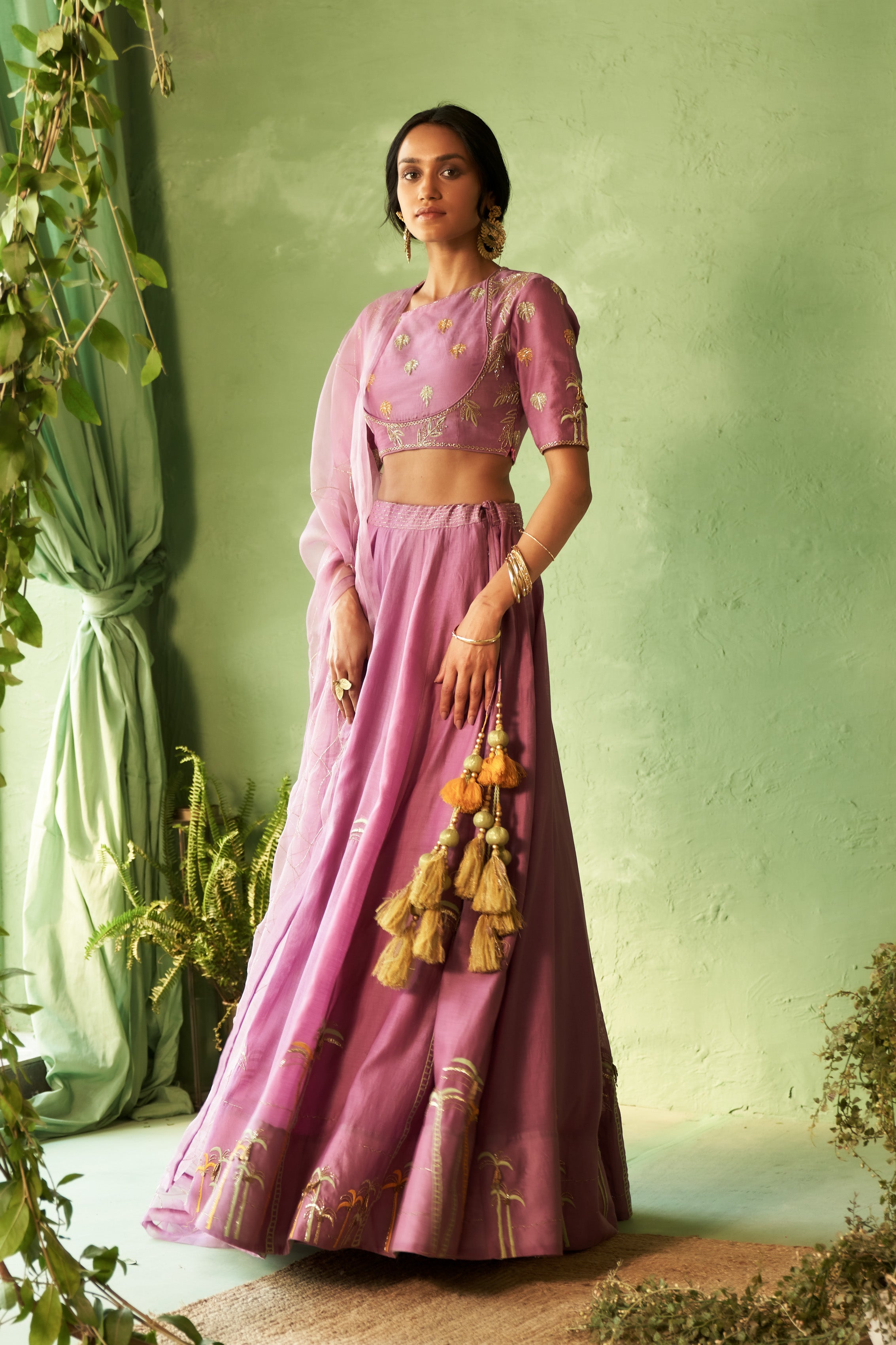Purple Palm Tree Embroidered Lehenga Set with Cut Dana Work