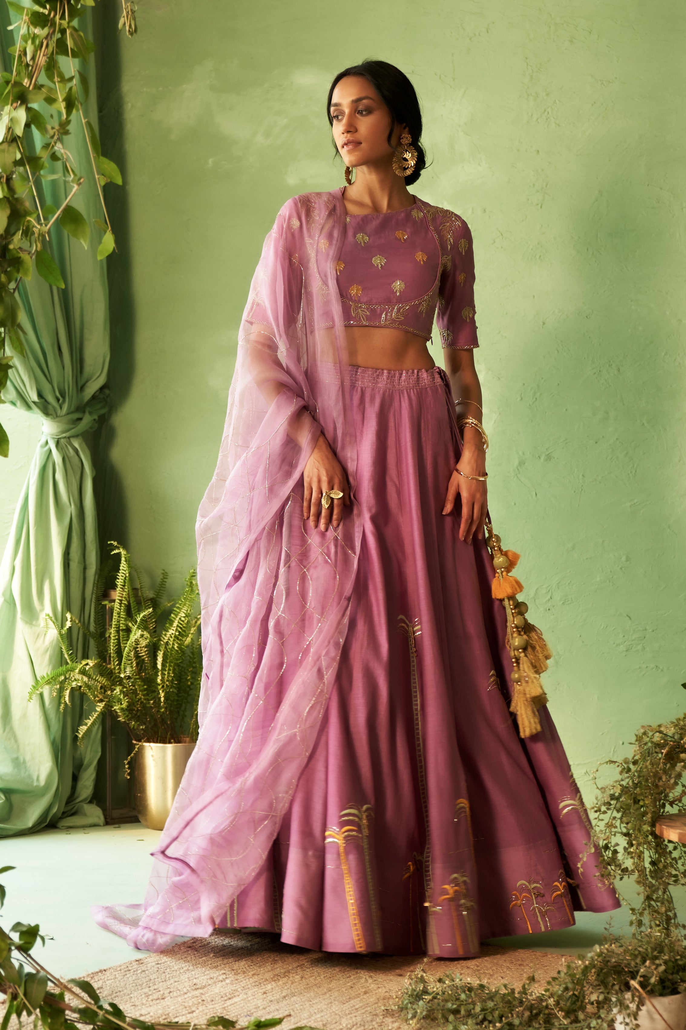 Purple Palm Tree Embroidered Lehenga Set with Cut Dana Work