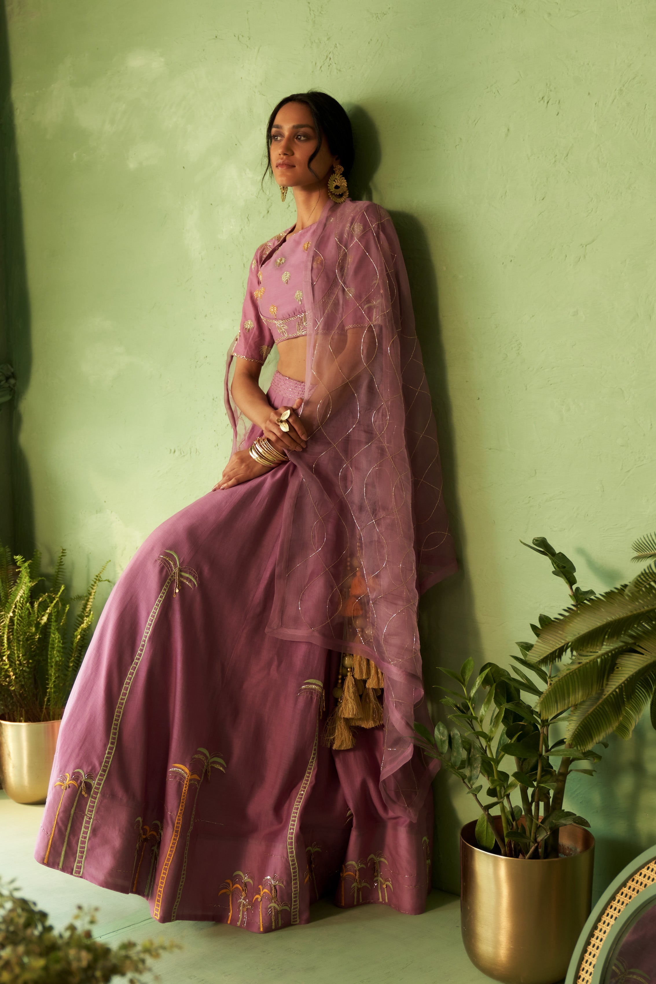 Purple Palm Tree Embroidered Lehenga Set with Cut Dana Work