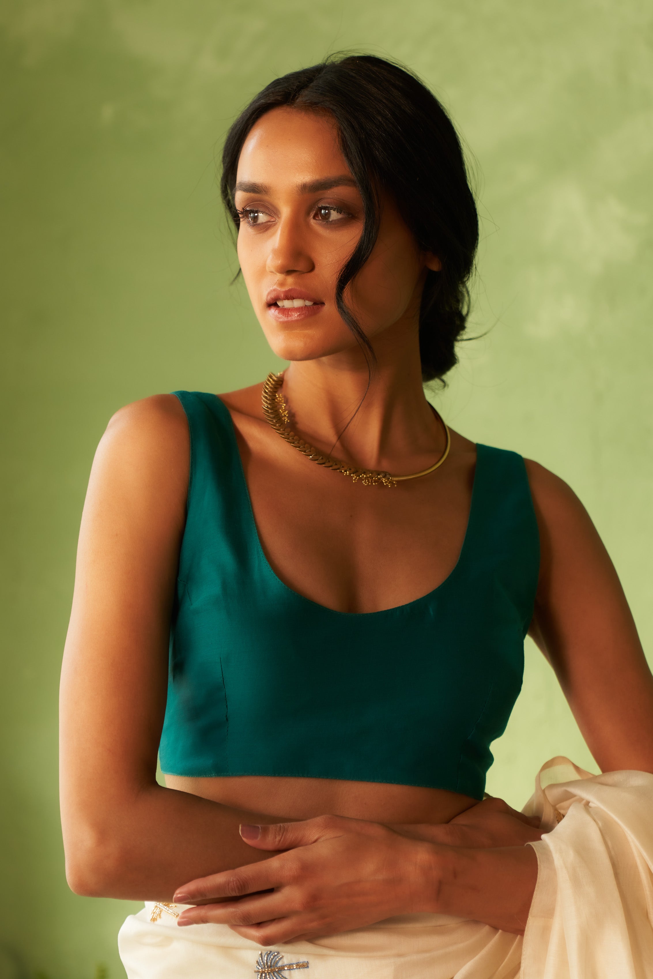 Off-White Chanderi Saree with Multi-Color Palm Tree Embroidery & Cut Dana Work