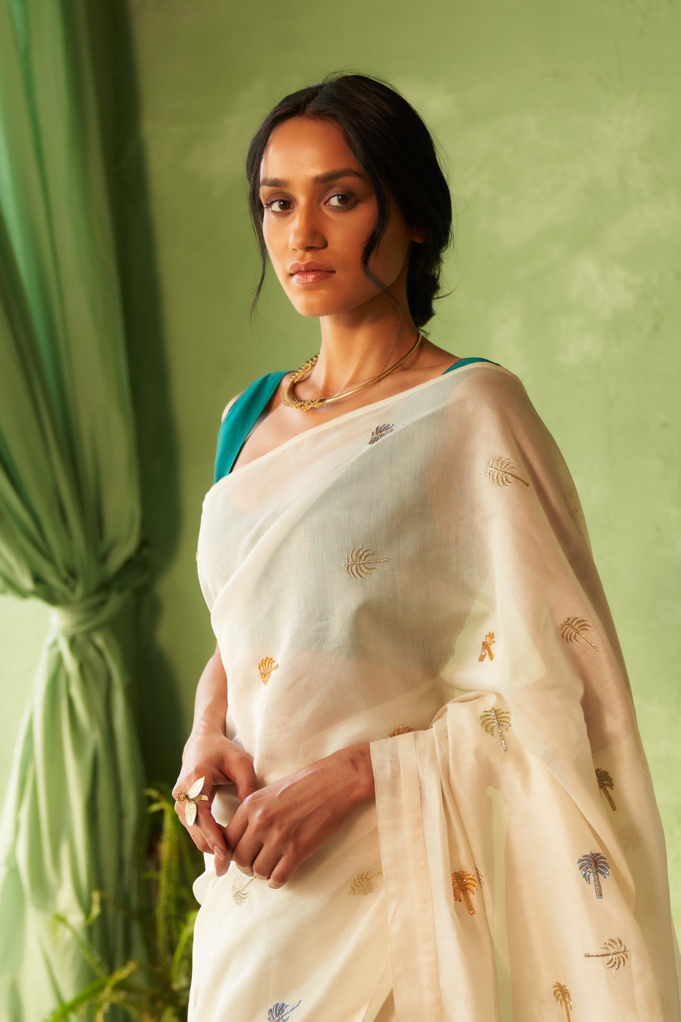 Off-White Chanderi Saree with Multi-Color Palm Tree Embroidery & Cut Dana Work