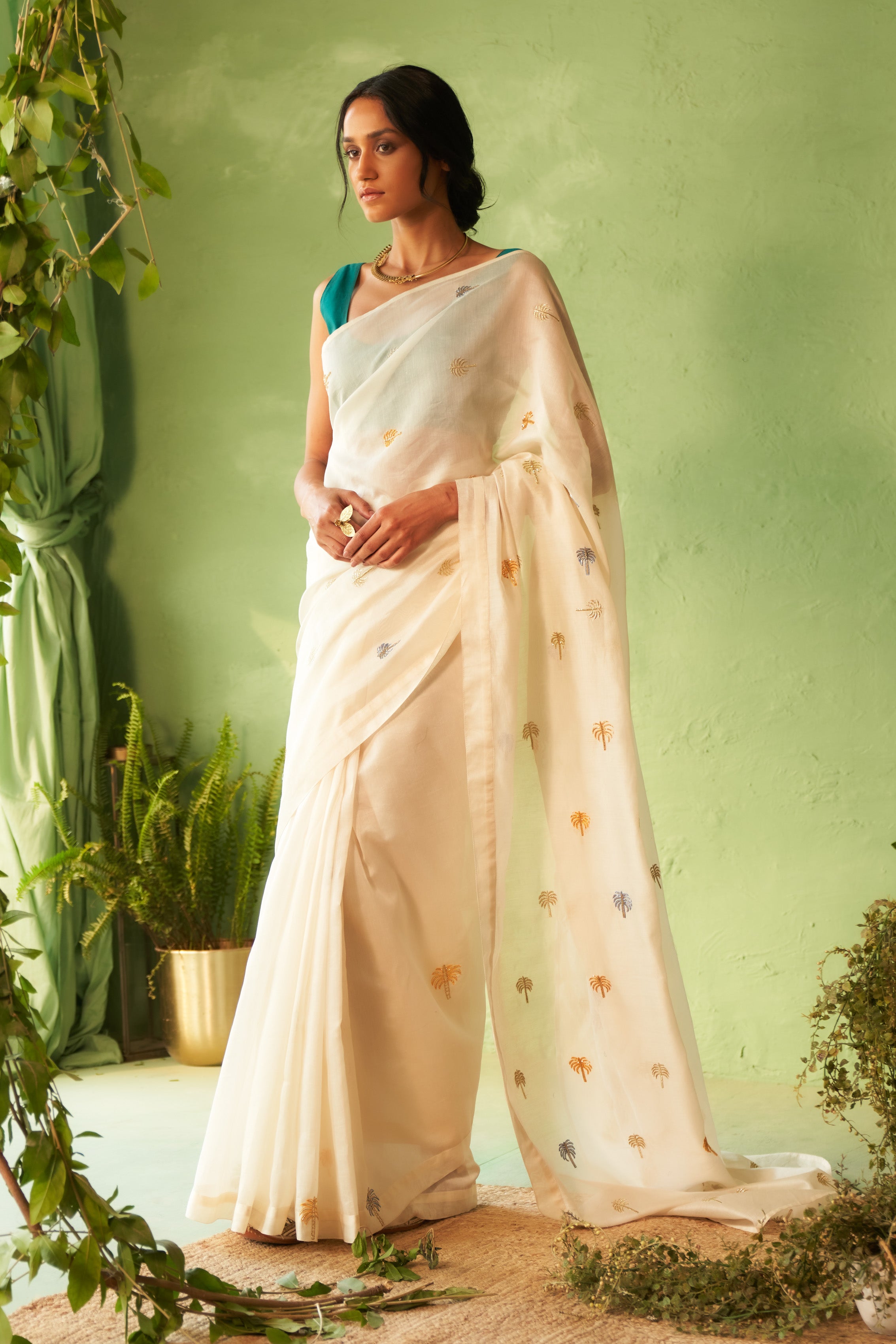 Off-White Chanderi Saree with Multi-Color Palm Tree Embroidery & Cut Dana Work