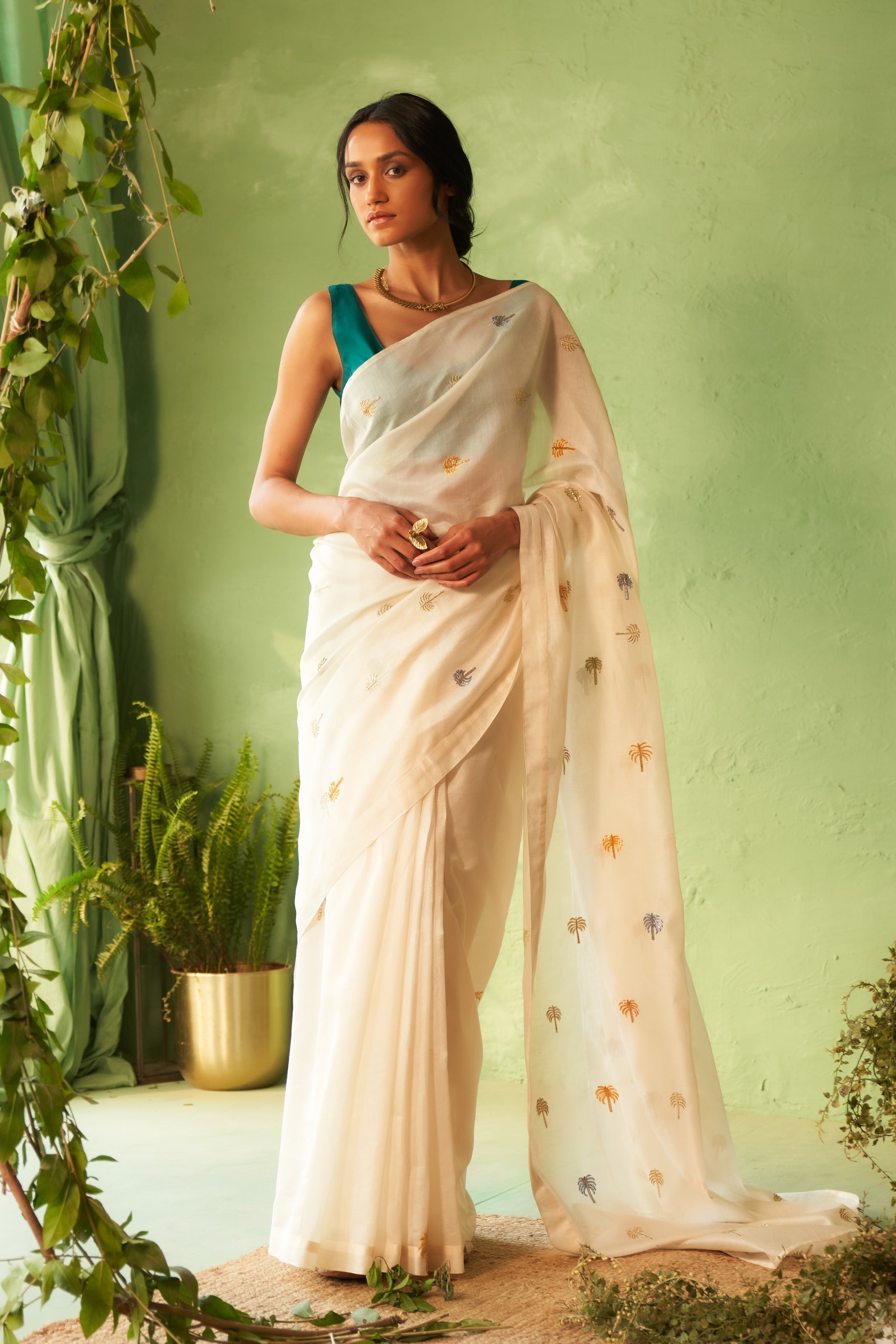 Off-White Chanderi Saree with Multi-Color Palm Tree Embroidery & Cut Dana Work