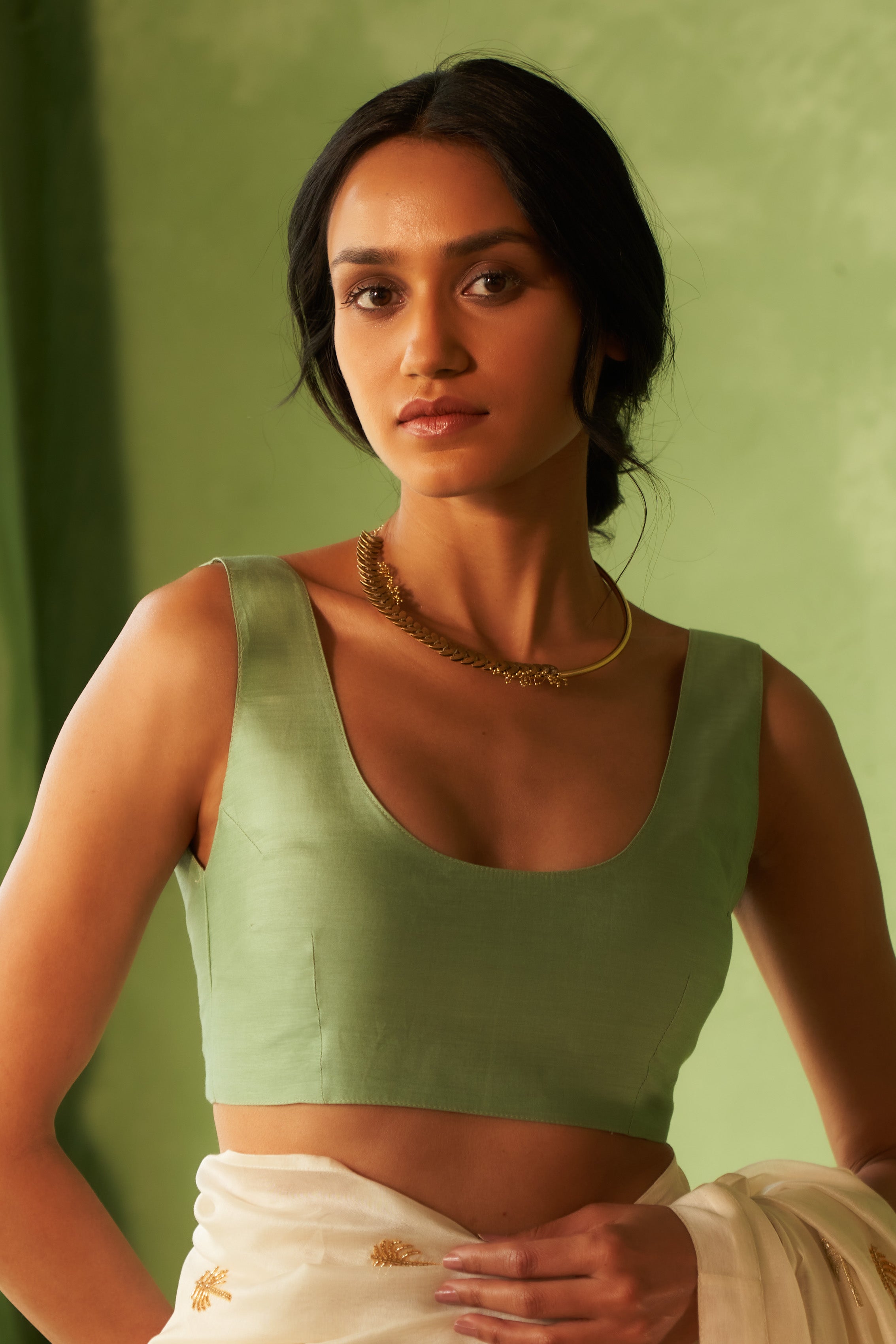 Off-White Chanderi Saree with Multi-Color Palm Tree Embroidery & Cut Dana Work