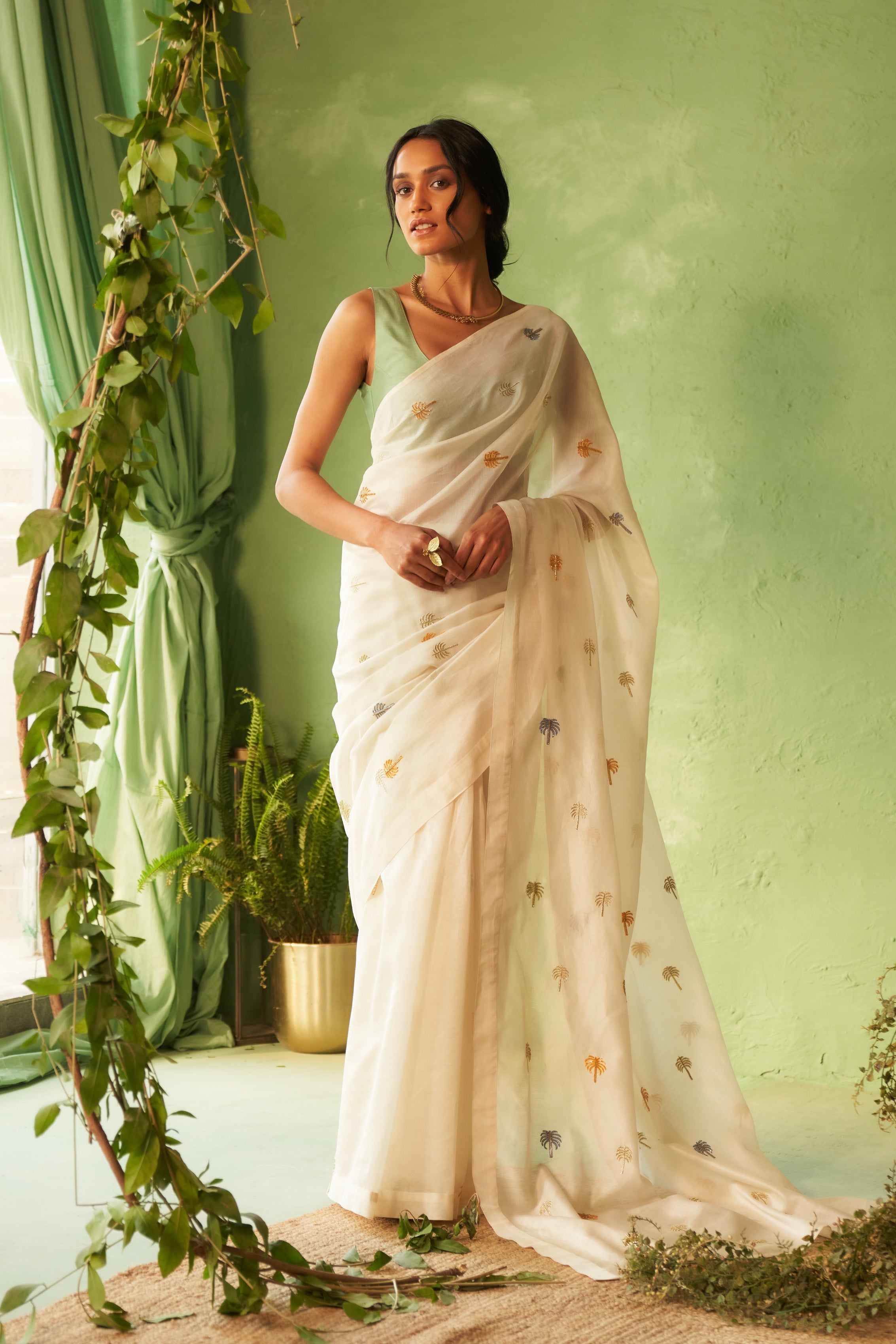 Off-White Chanderi Saree with Multi-Color Palm Tree Embroidery & Cut Dana Work