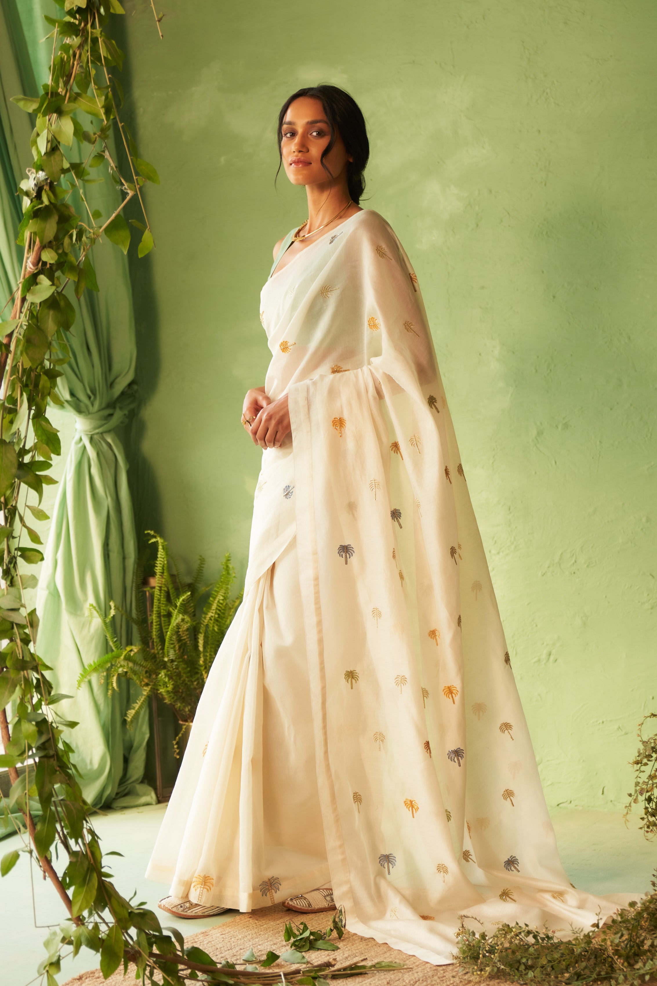 Off-White Chanderi Saree with Multi-Color Palm Tree Embroidery & Cut Dana Work