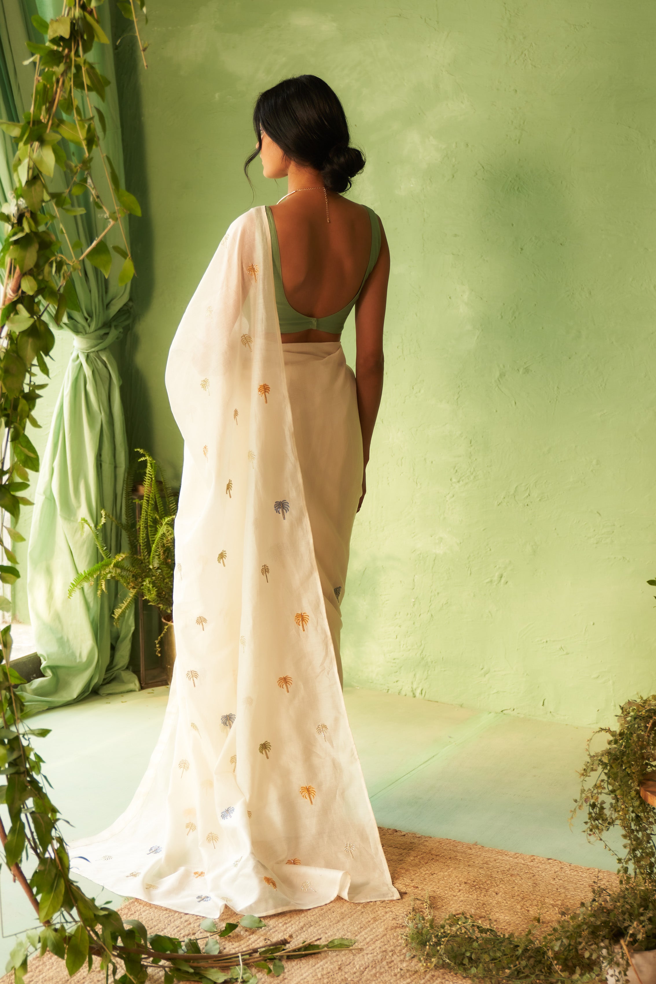 Off-White Chanderi Saree with Multi-Color Palm Tree Embroidery & Cut Dana Work