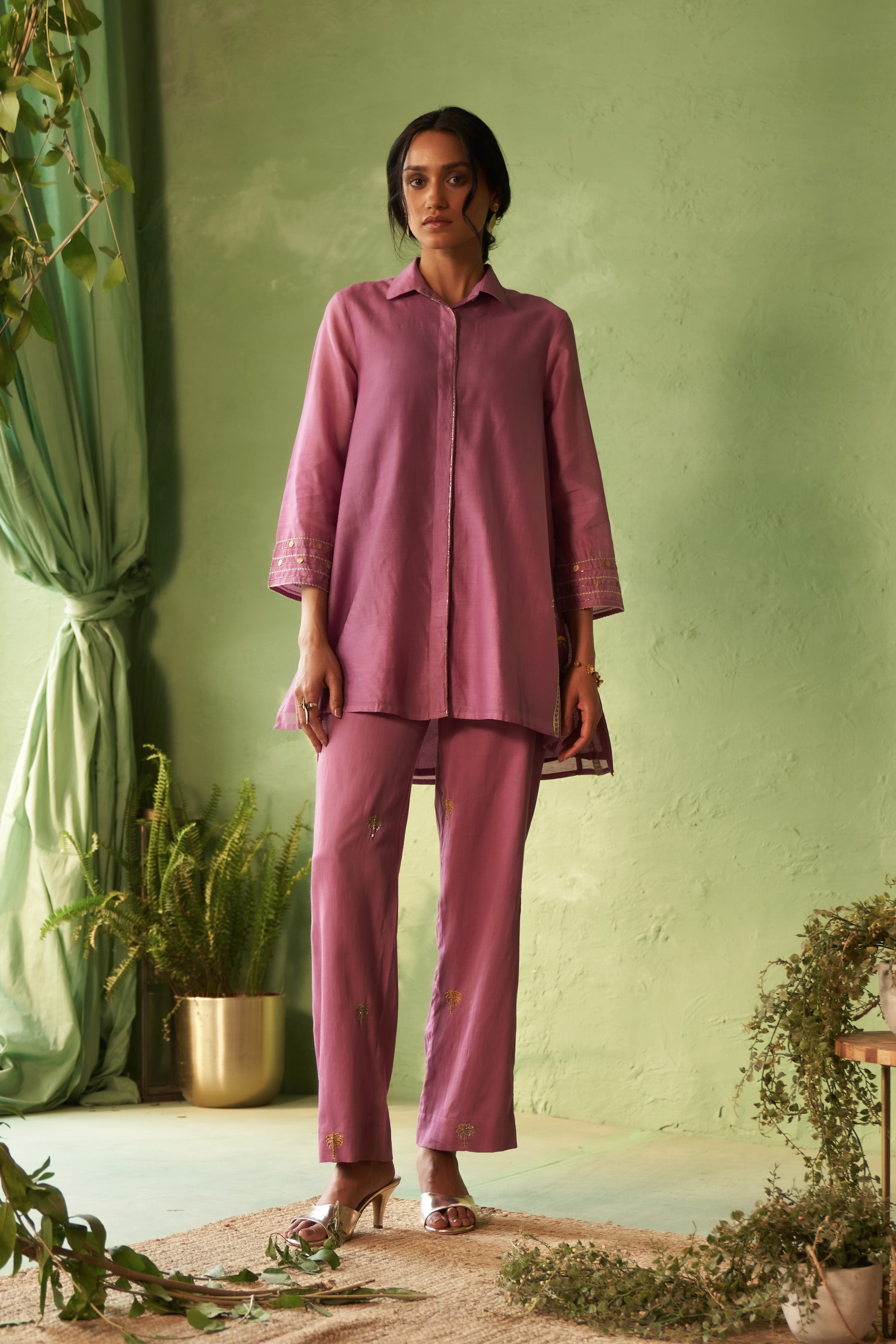 Collared Short Co-ord Set with Palm Tree Motifs