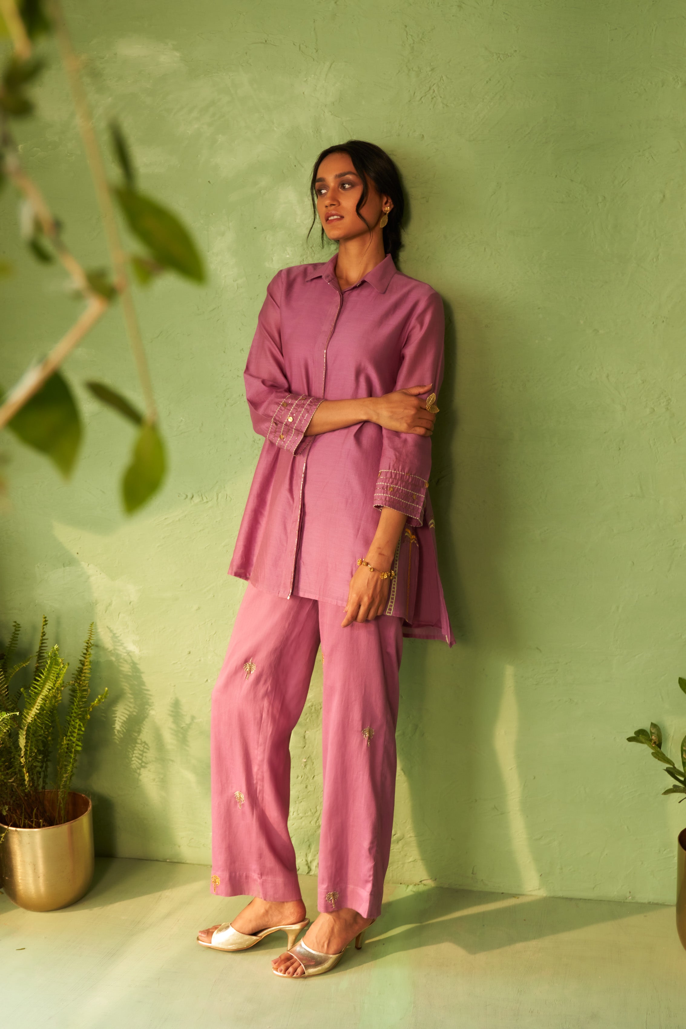 Collared Short Co-ord Set with Palm Tree Motifs