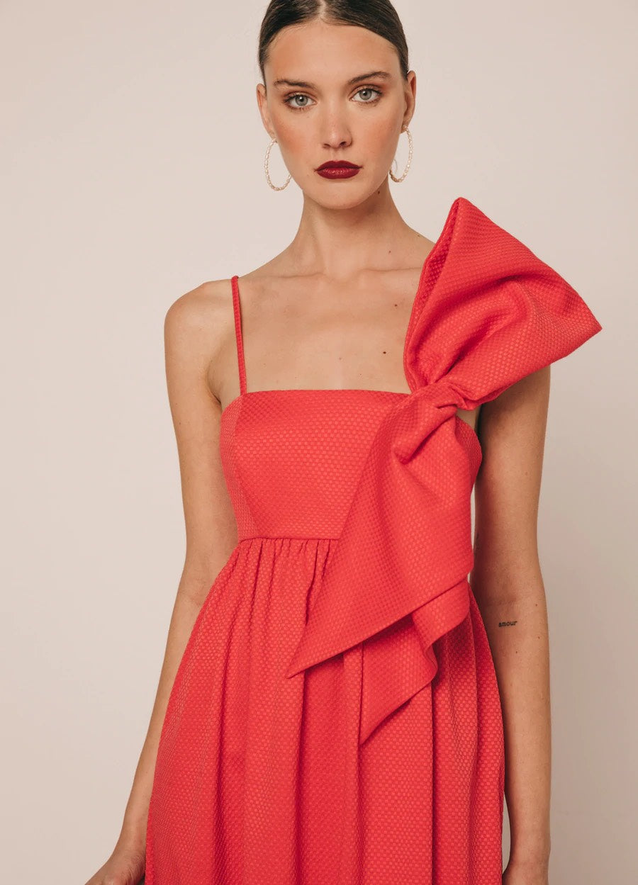 Khushboo & Pankaj - Persian Red One - Shoulder Bow Dress