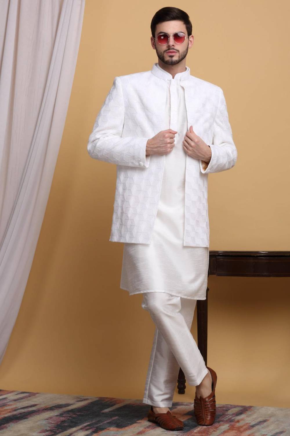 Kohima Embroidered Open Jacket Set - Ivory