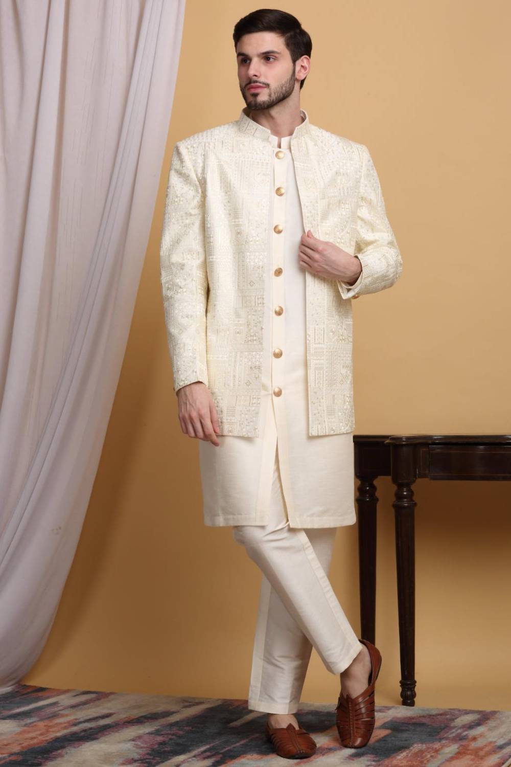 Zardoz Embroidered Open Jacket Set - Ivory