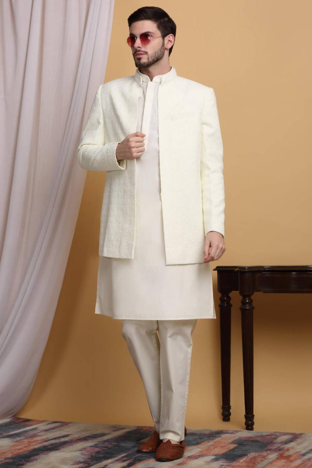 Divyam Embroidered Open Jacket Set - Ivory