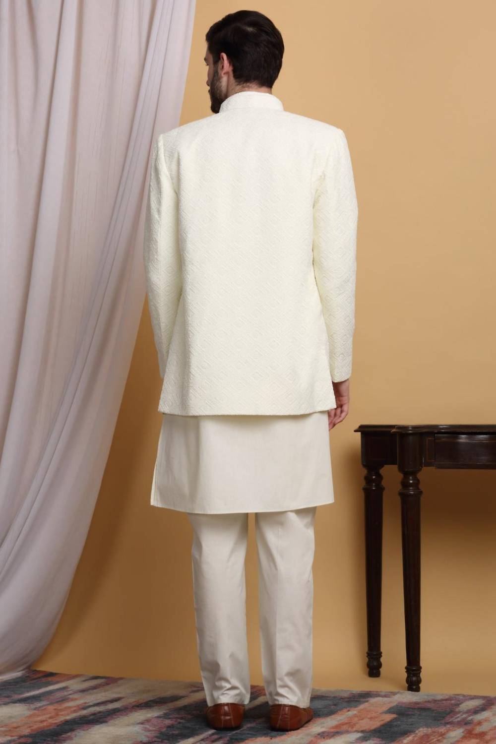 Divyam Embroidered Open Jacket Set - Ivory