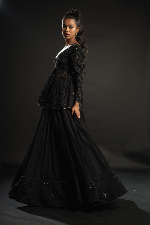 Black Organza Embroidered Kurta & Lehenga Set
