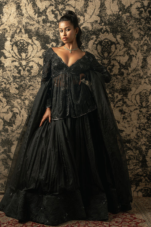 Black Organza Embroidered Kurta & Lehenga Set