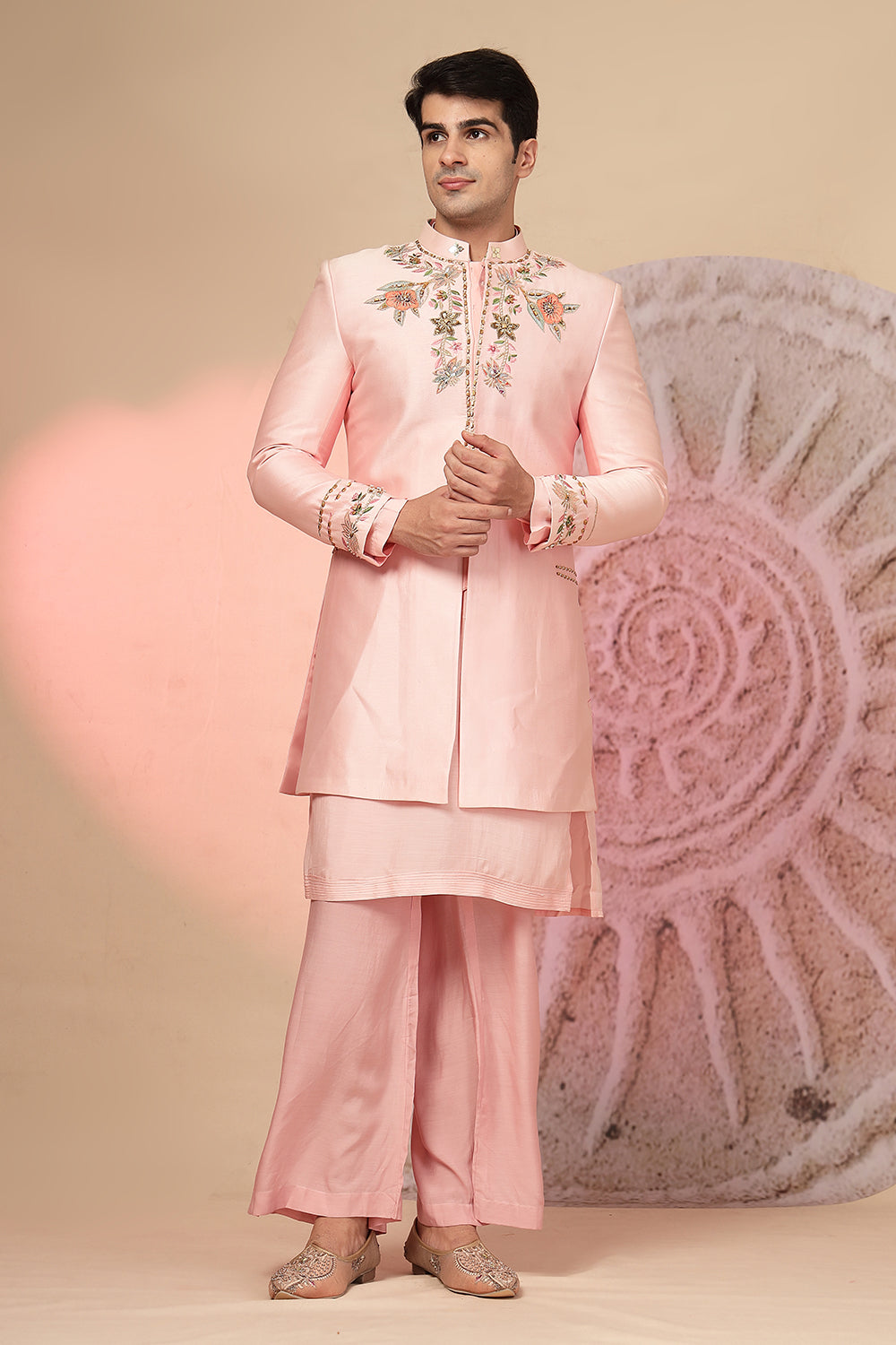 Light Pink Satin Kurta With Jacket And Pant