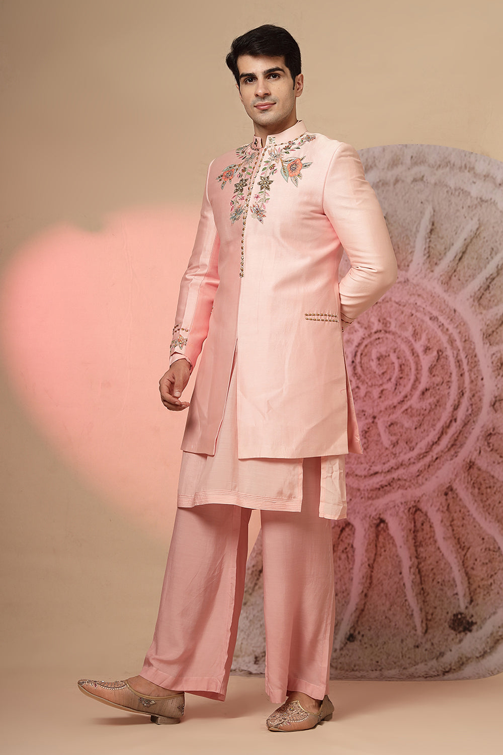 Light Pink Satin Kurta With Jacket And Pant
