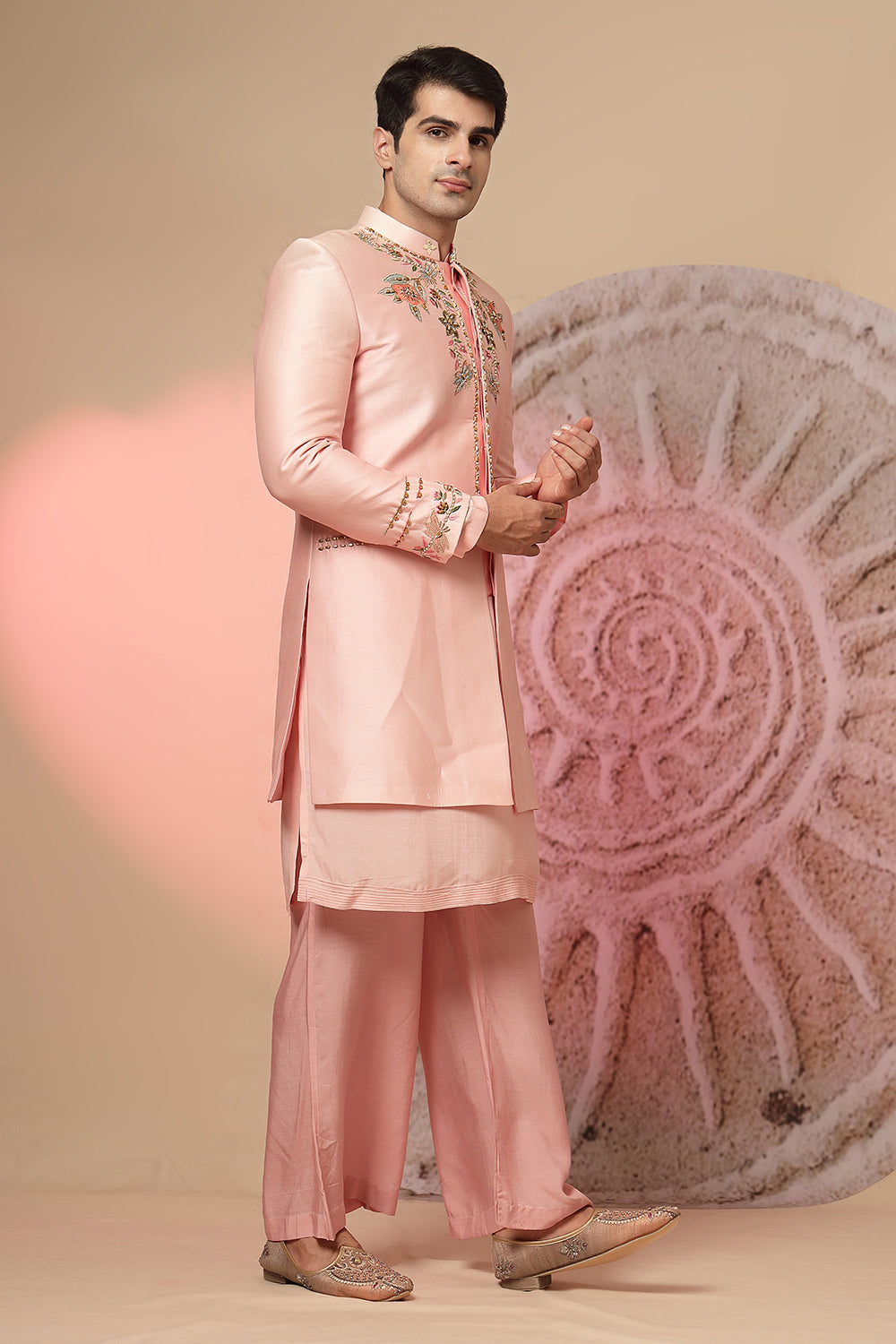 Light Pink Satin Kurta With Jacket And Pant
