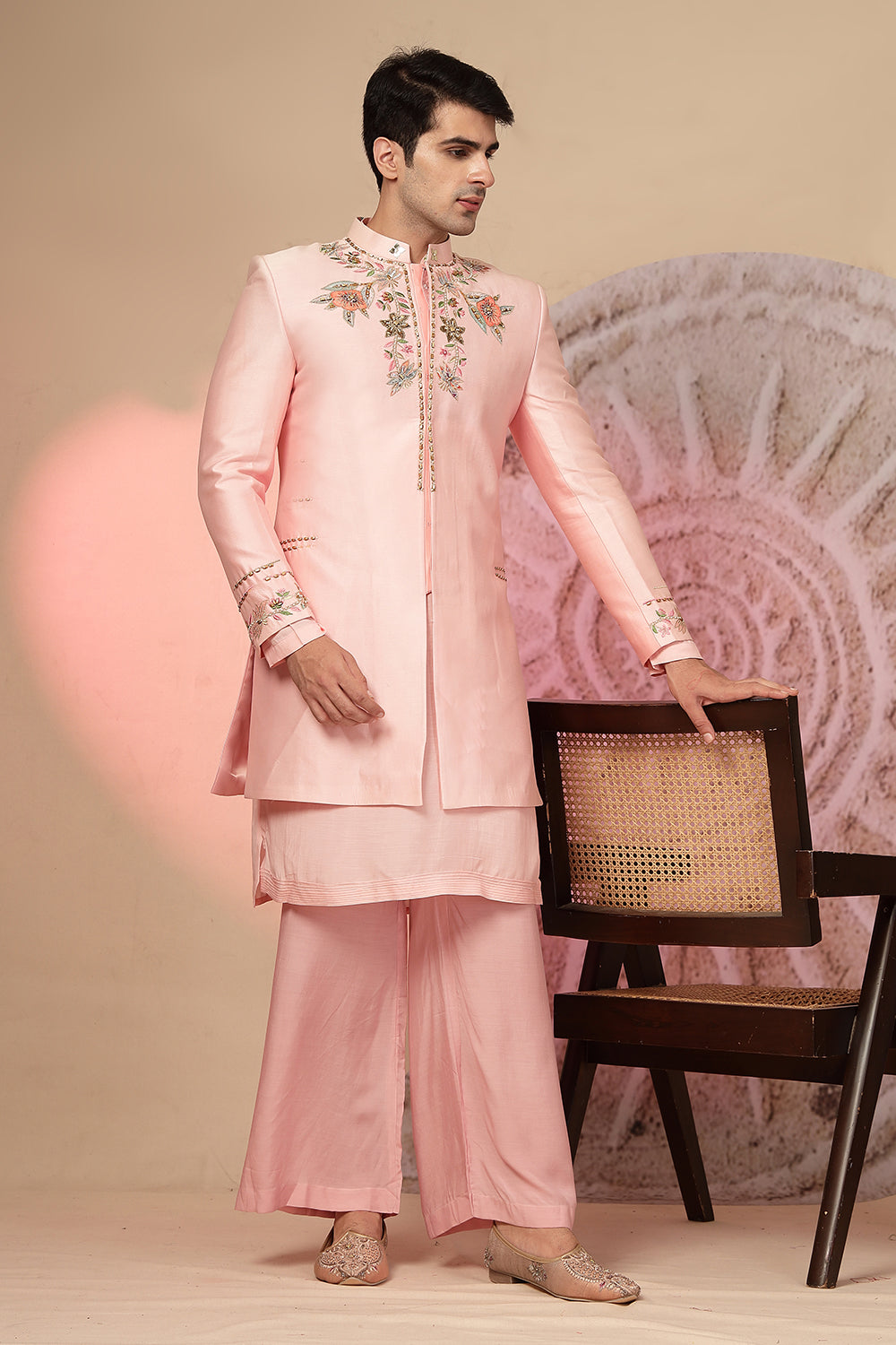 Light Pink Satin Kurta With Jacket And Pant