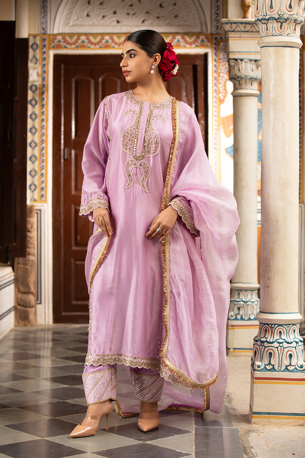 Lilac Kurta Set With Churidar And Dupatta