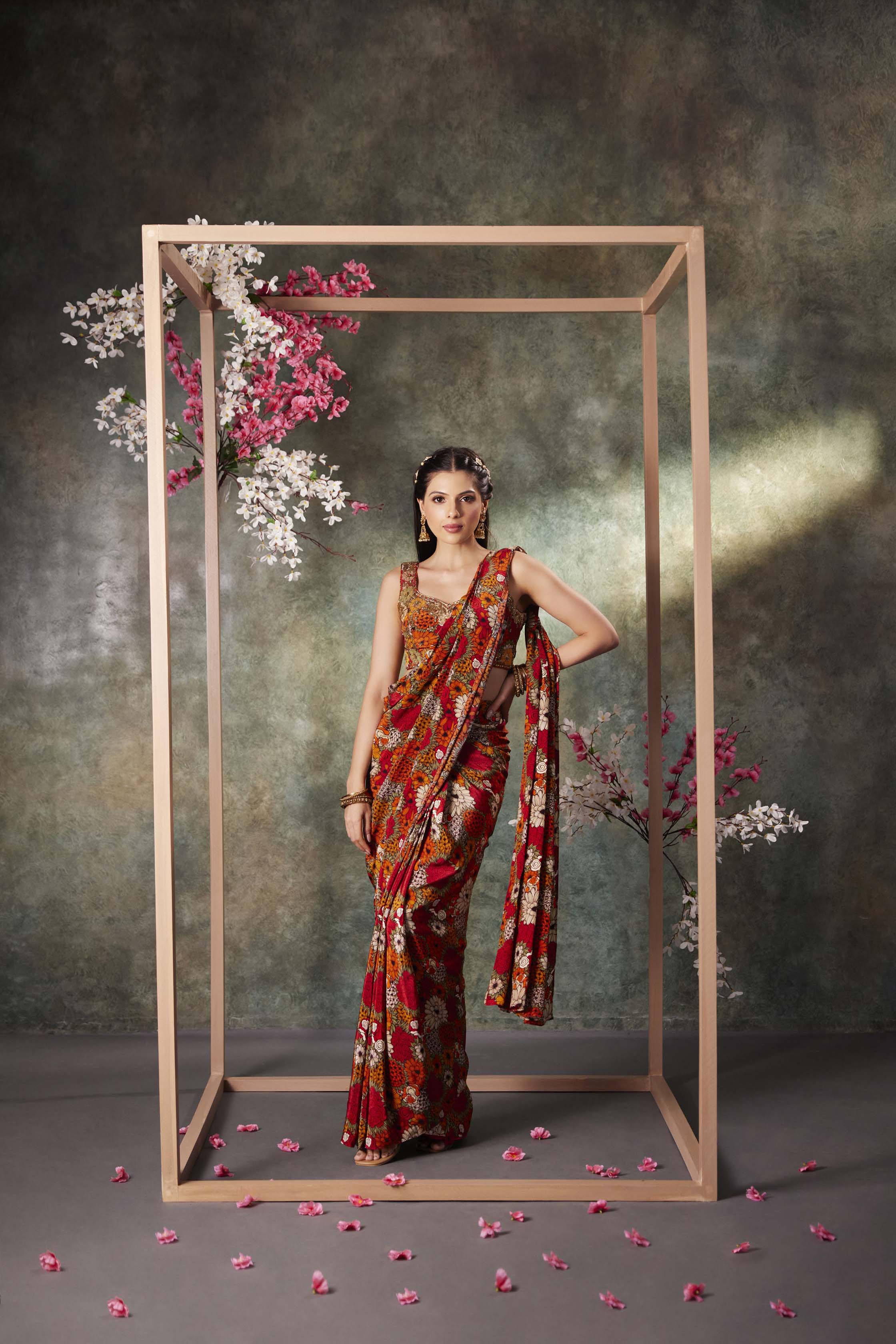 CY Mehak Murpana Orange Printed Choli And Pre Draped Saree Set With Embroidery Front 1