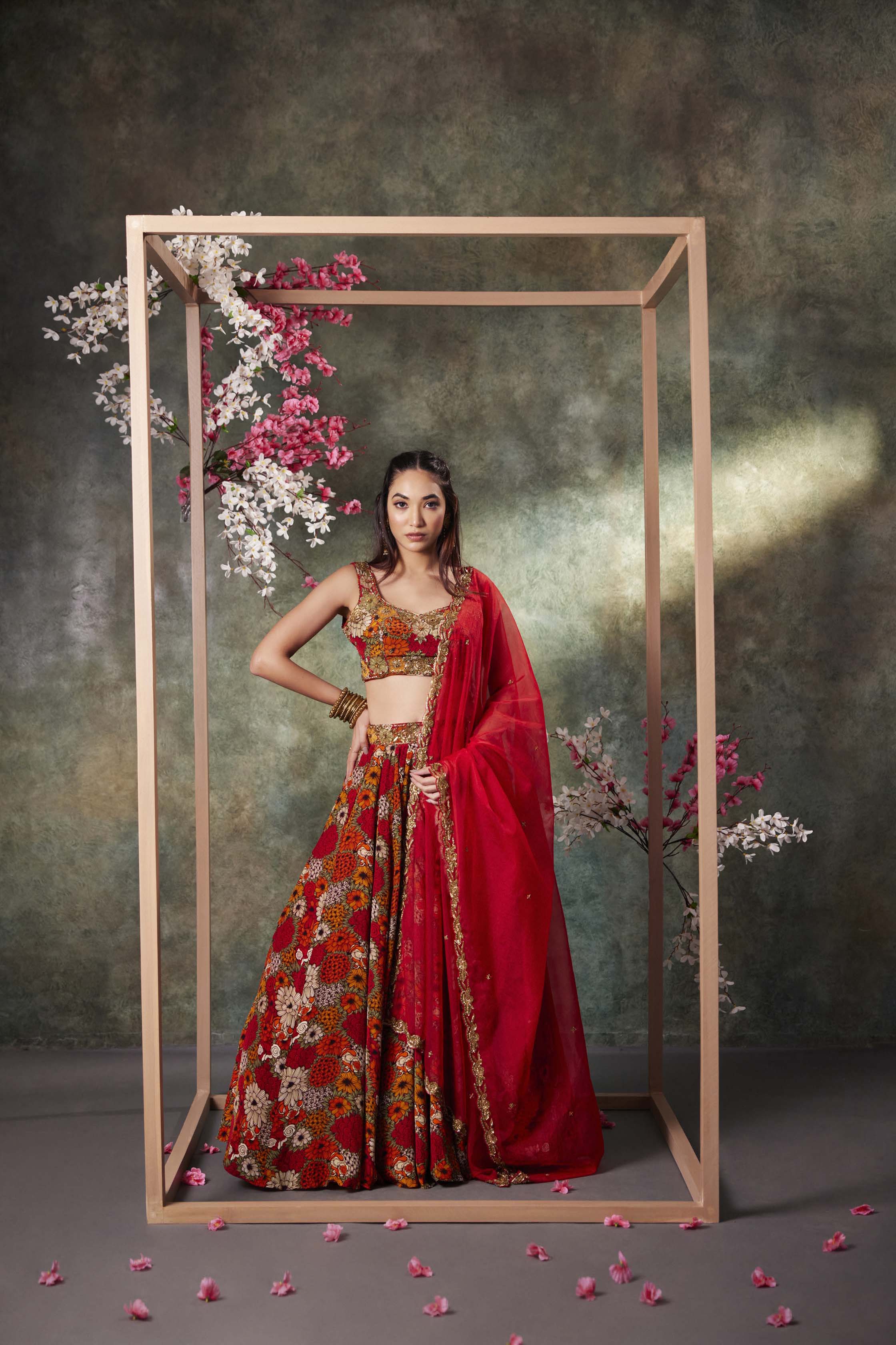 CY Mehak Murpana Orange Printed Choli, Lehenga And Dupatta Set With Embroidery Front 1