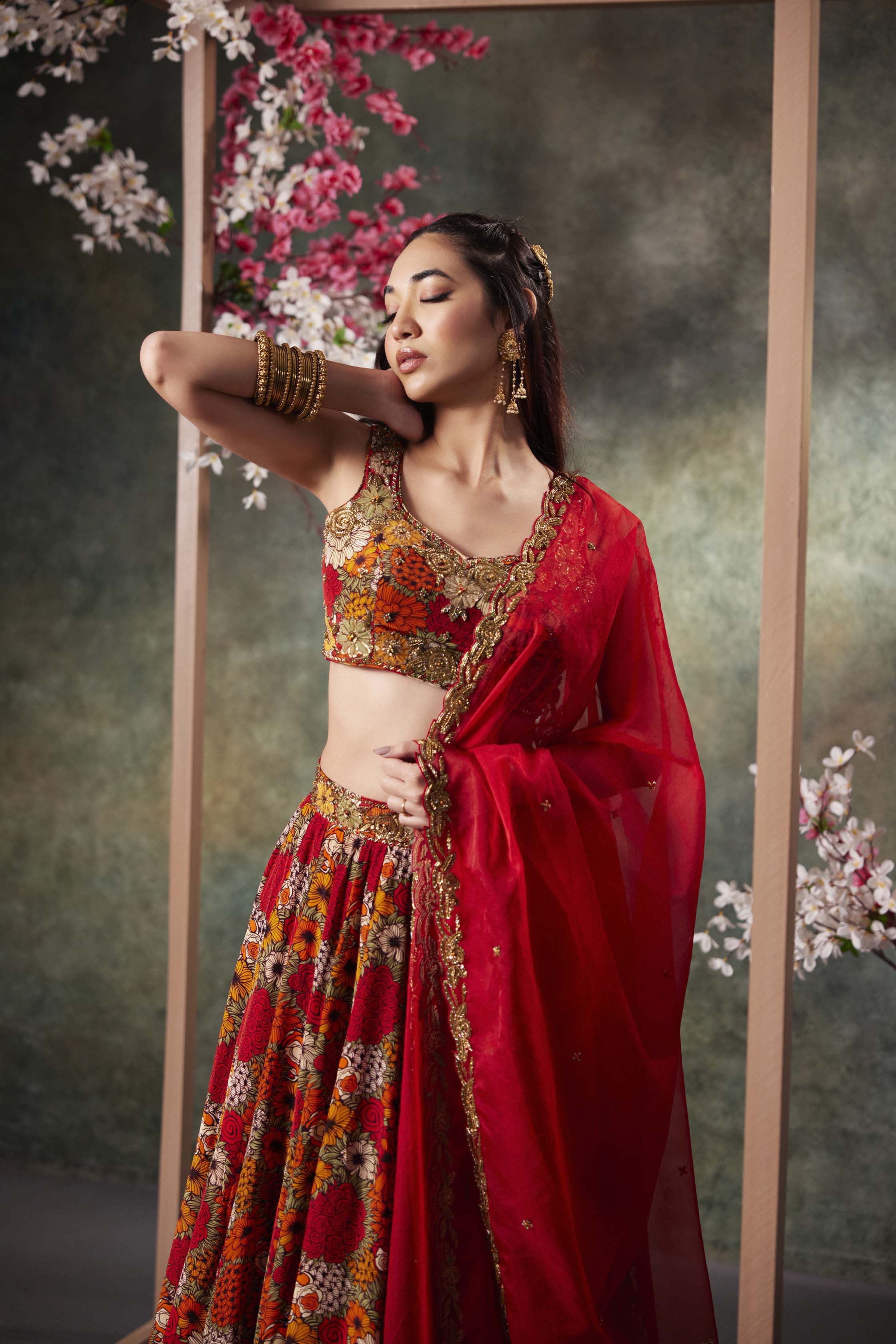 CY Mehak Murpana Orange Printed Choli, Lehenga And Dupatta Set With Embroidery Side 1