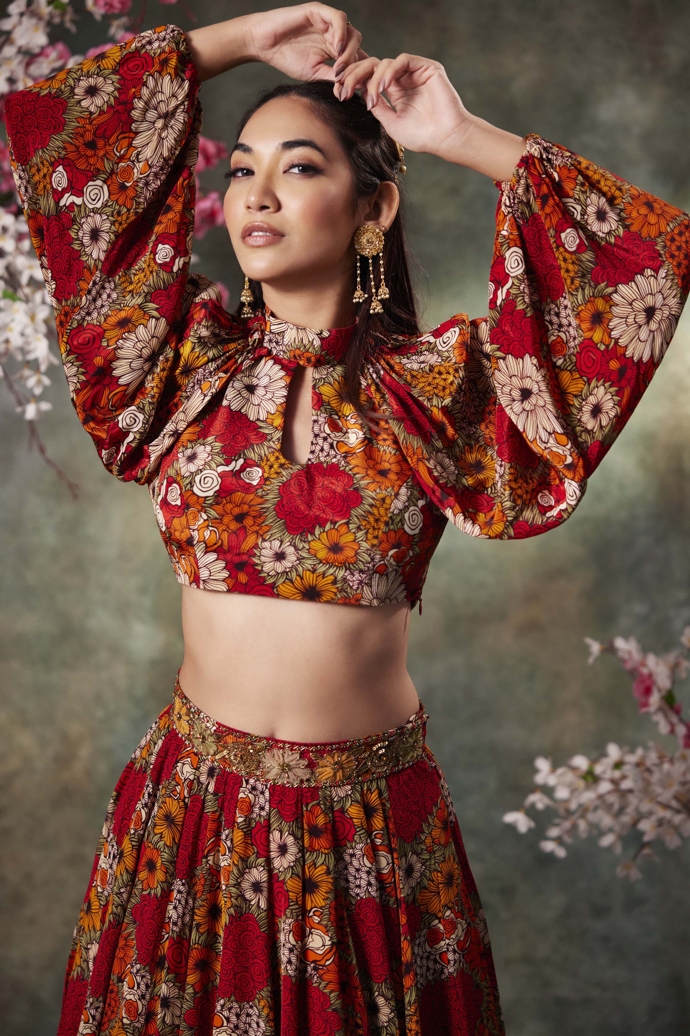 CY Mehak Murpana Orange Printed Balloon Sleeves Top And Lehenga Set With Embroidery Side 1