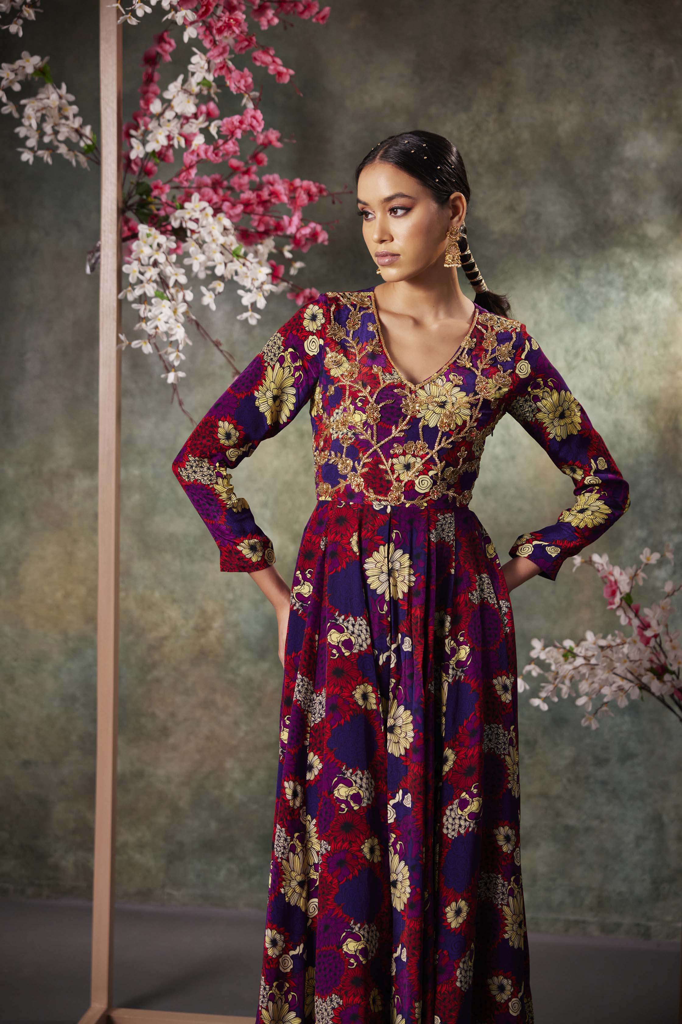 CY Mehak Murpana Purple Printed Anarkali And Pants Set With Embroidery Side 1