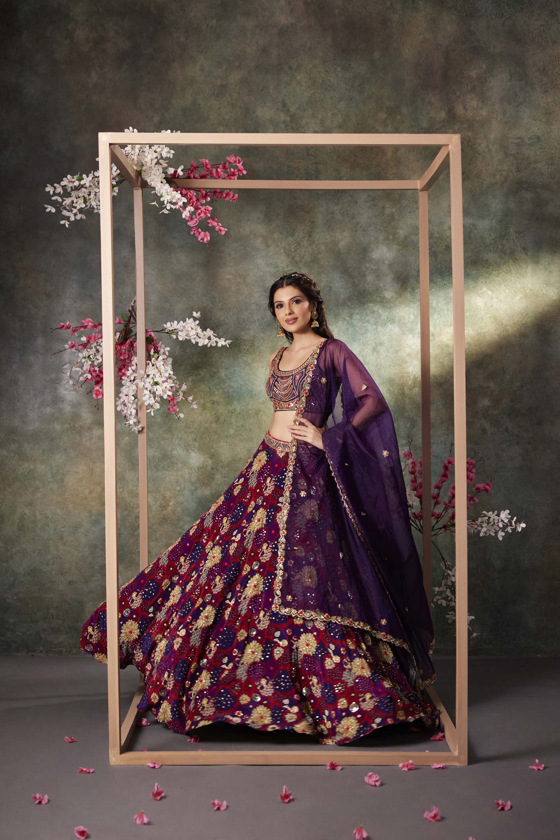 CY Mehak Murpana Purple Printed Choli, Lehenga And Dupatta Set With Embroidery Side 1